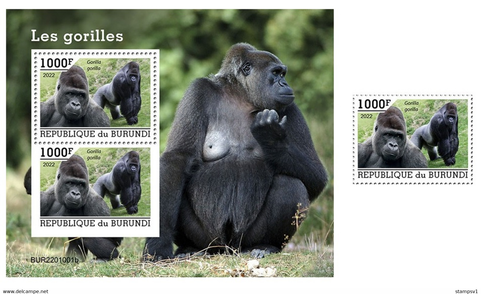 Burundi  2022 Gorillas. Bl + 1v (1001) OFFICIAL ISSUE - Gorilles