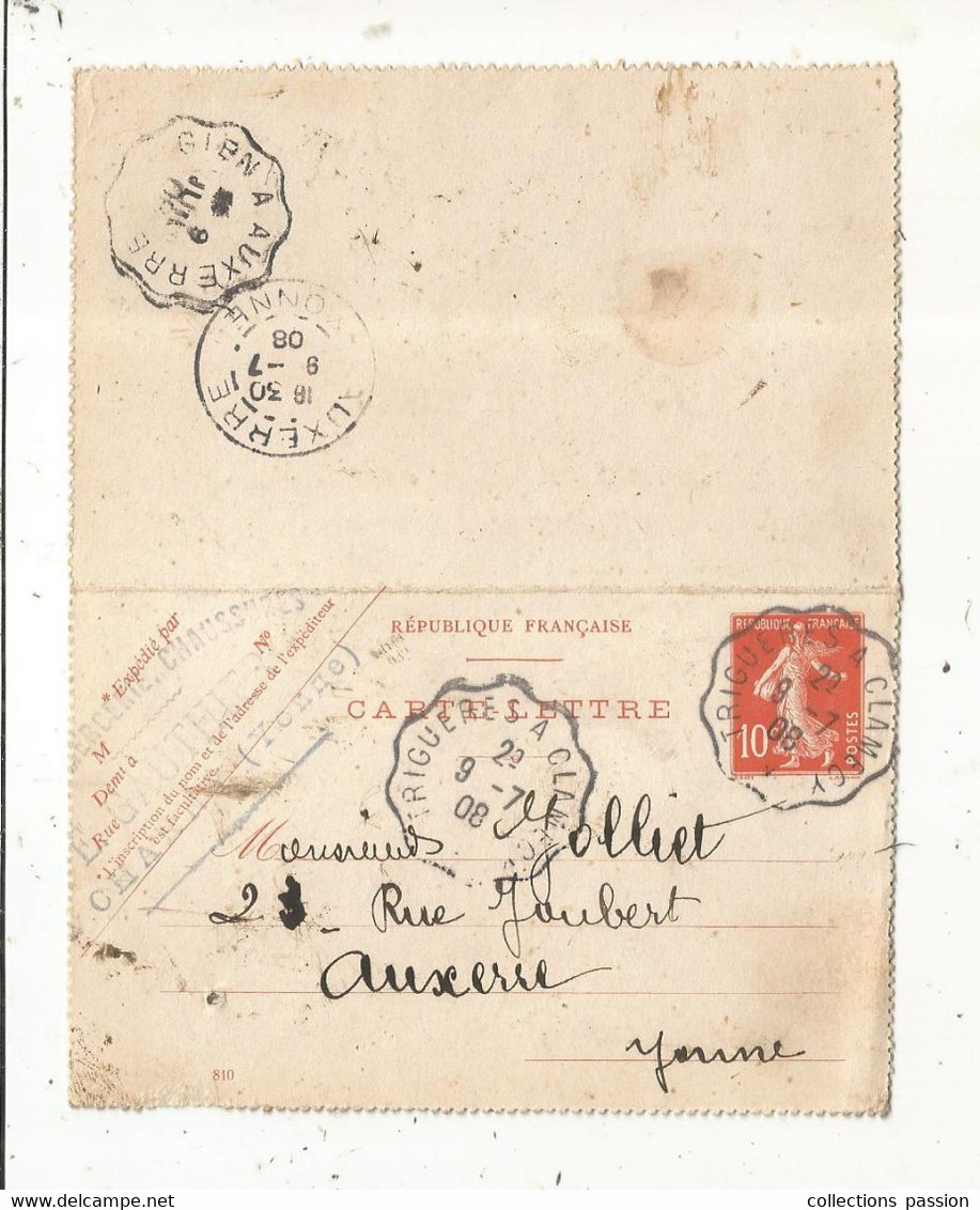 CARTE-LETTRE, Entier Postal, TRIGUERES A CLAMECY , GIEN A AUXERRE, AUXERRE, 1908, 3 Scans - Kaartbrieven