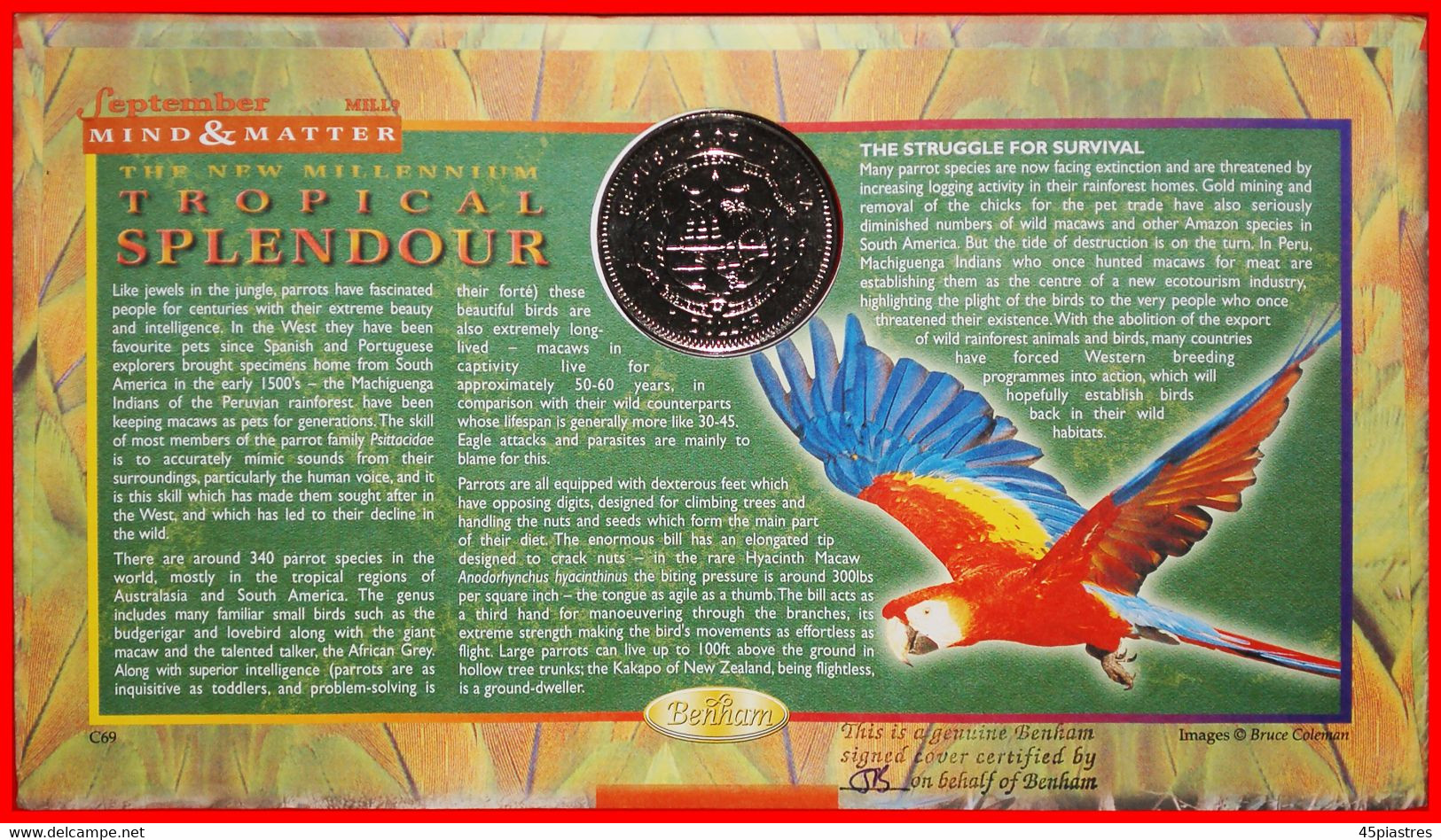 * GREAT BRITAIN: LIBERIA ★ 1 DOLLAR 1996 PARROT NUMISLETTER! COA UNCOMMON! MILLENNIUM! ★LOW START ★ NO RESERVE! - Liberia