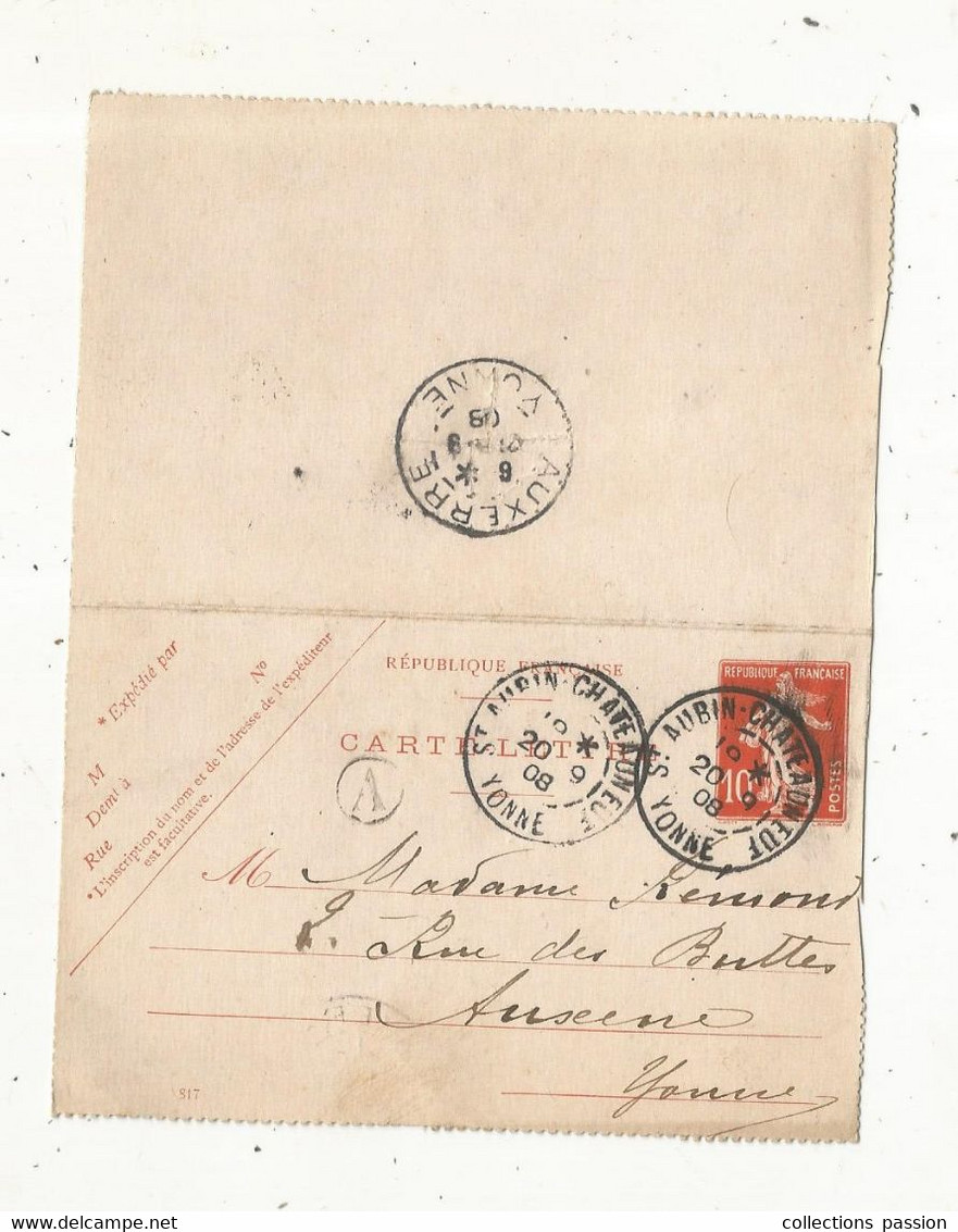 CARTE-LETTRE, Entier Postal, St AUBIN CHATEAUNEUF, YONNE, AUXERRE, 1908, 3 Scans - Cartoline-lettere