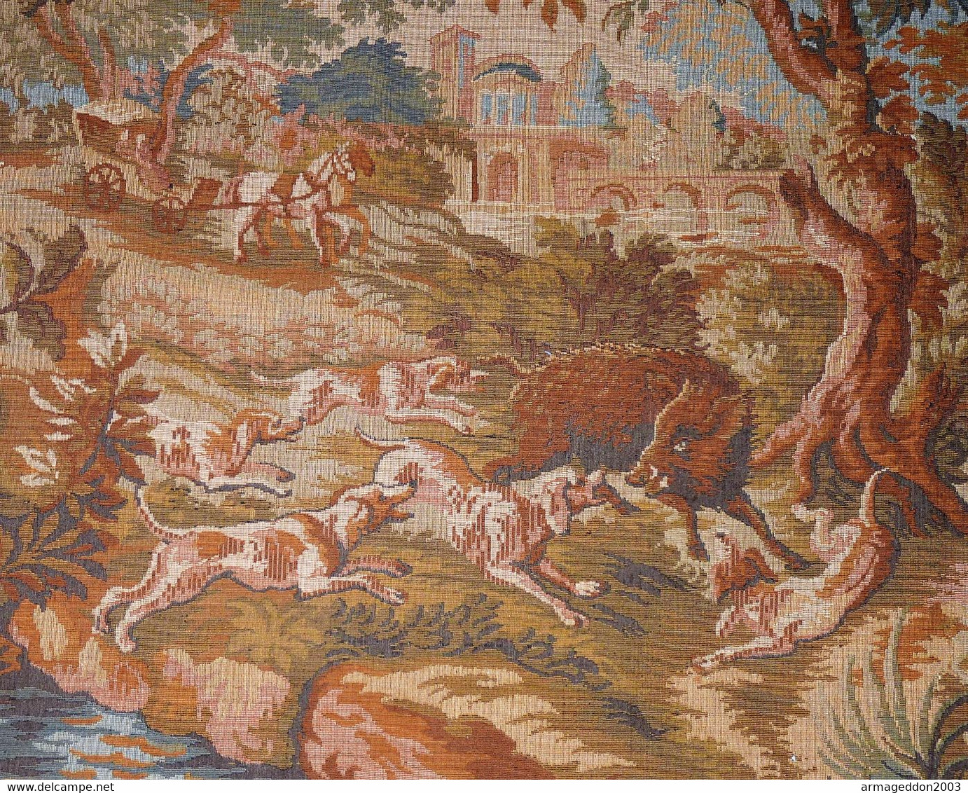 ANCIENNE TAPISSERIE GOBLYS SCENE DE CHASSE AU SANGLIER Tissée Jacquard 152X72 CM - Rugs, Carpets & Tapestry