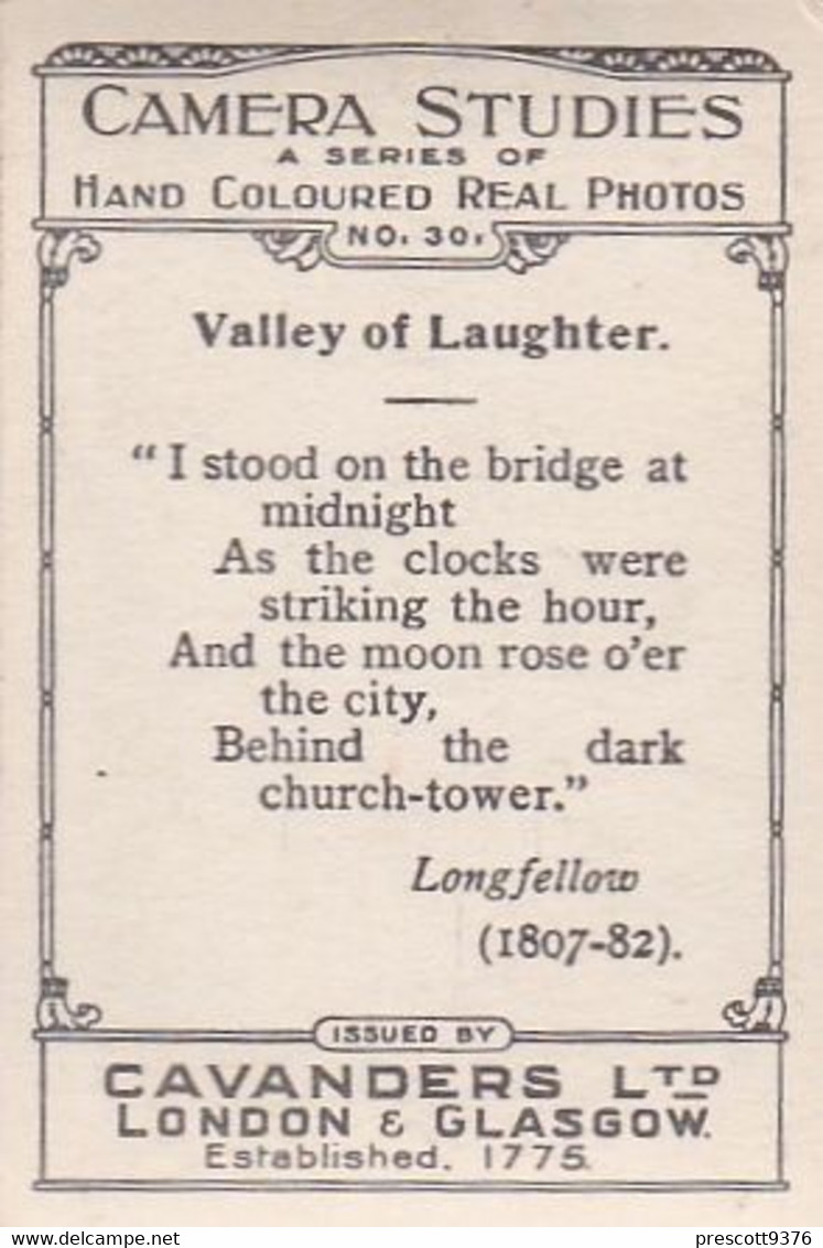 30 Valley Of Laughter  - Camera Studies 1926 - Hand Coloured RP, W Verse- Cavanders Cigarette Card - 5x8 Cm - - Other Brands