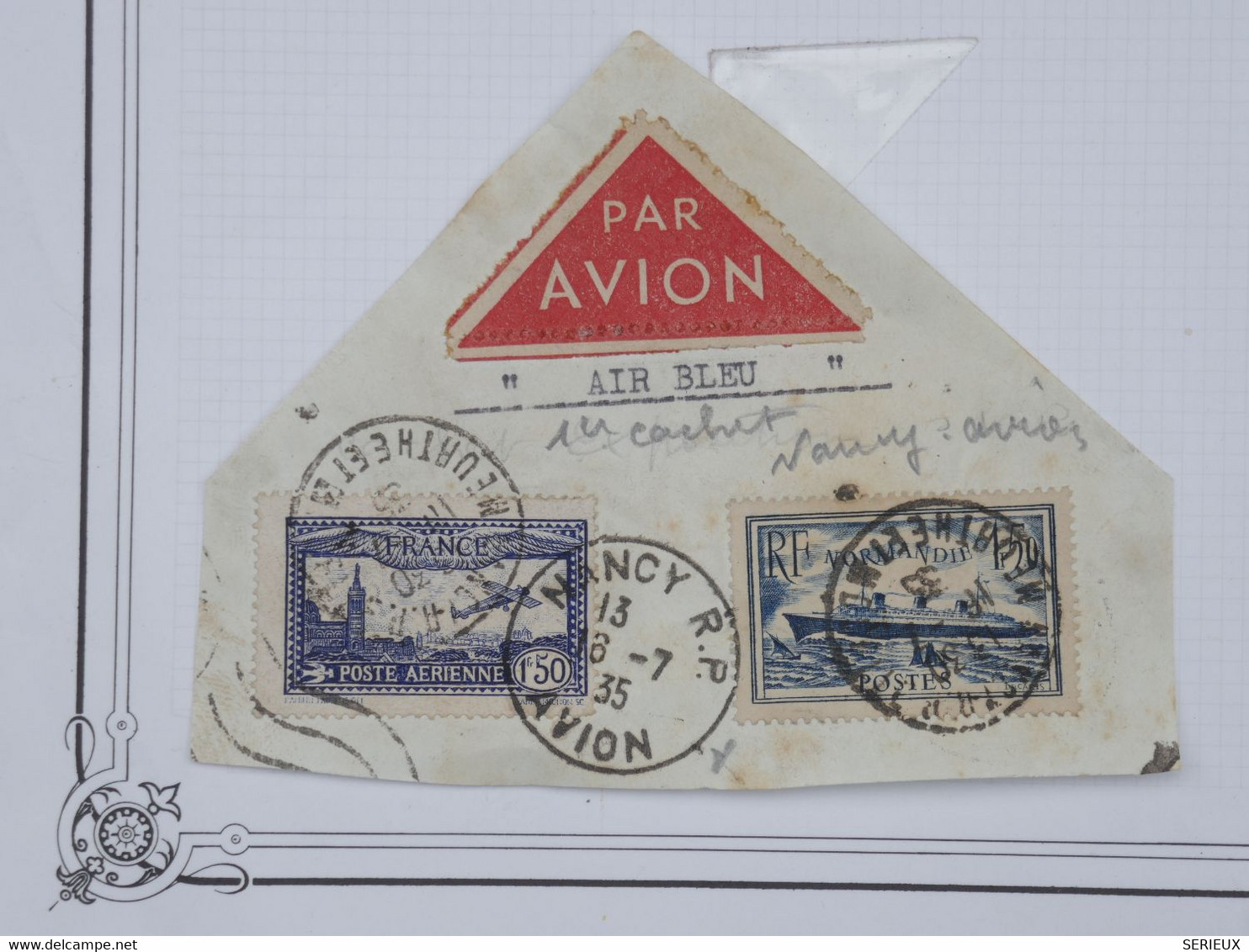 BH9 FRANCE  FRAGMENT  LETTRE 16 7 1935  AIR BLEU .  1ER CACHET  NANCY + +AFFRANCH.  PLAISANT - First Flight Covers