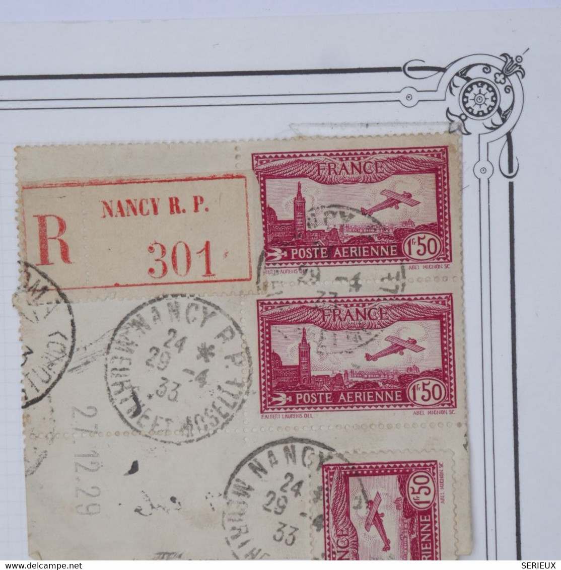 BH9 FRANCE SUR  FRAGMENT  LETTRE RECOM.  1933    NANCY +COIN DATé +AFFRANCH.  PLAISANT - Erst- U. Sonderflugbriefe