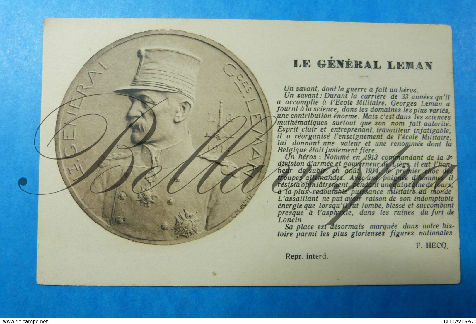 Lt. Generaal Géneral Leman  1914-1918 Medaillon  Edit F.Hecq  Sculpteur G.Devreese - Characters