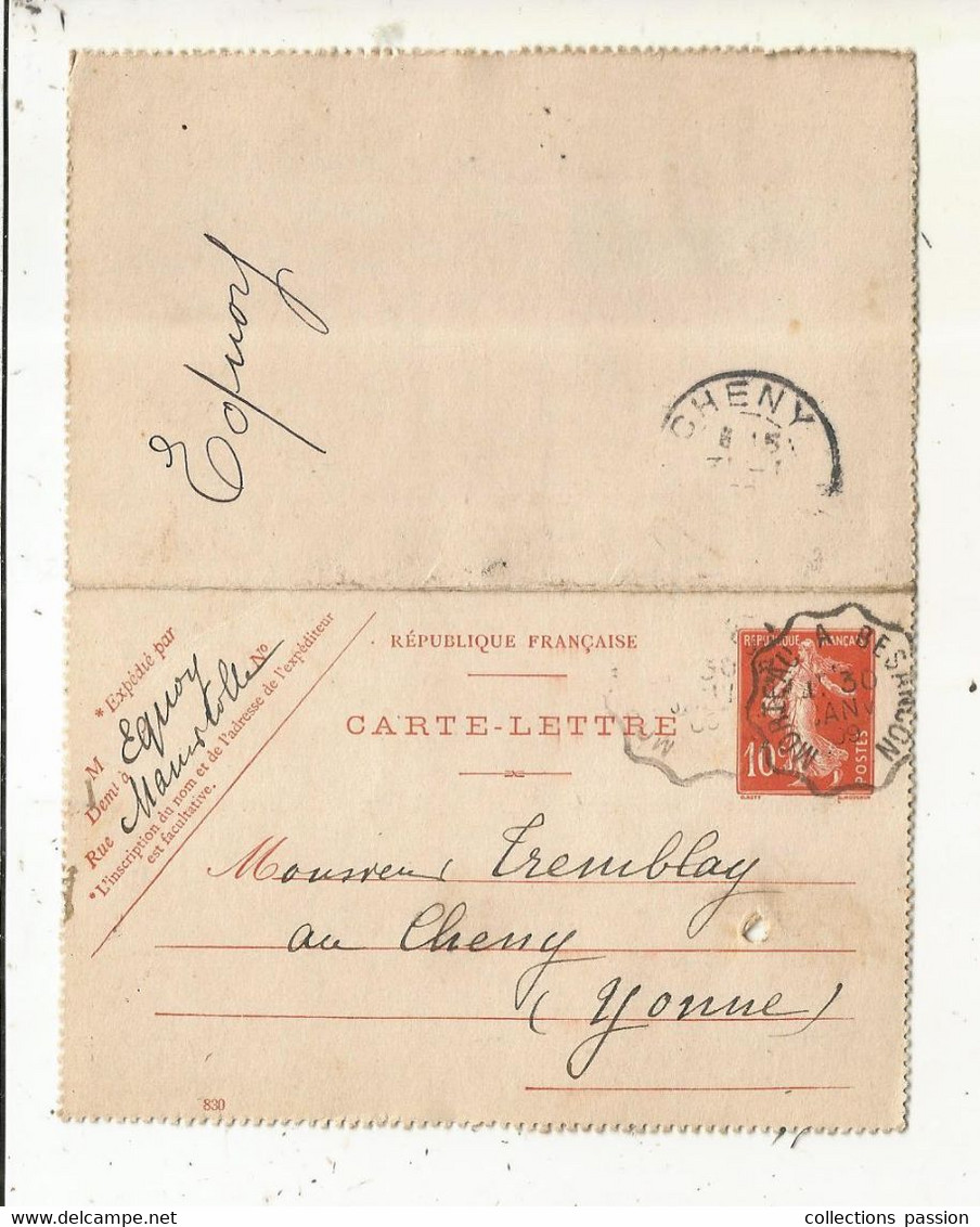 CARTE-LETTRE, Entier Postal, MORTEAU A BESANCON ,1909 ,CHENY, 2 Scans - Cartes-lettres