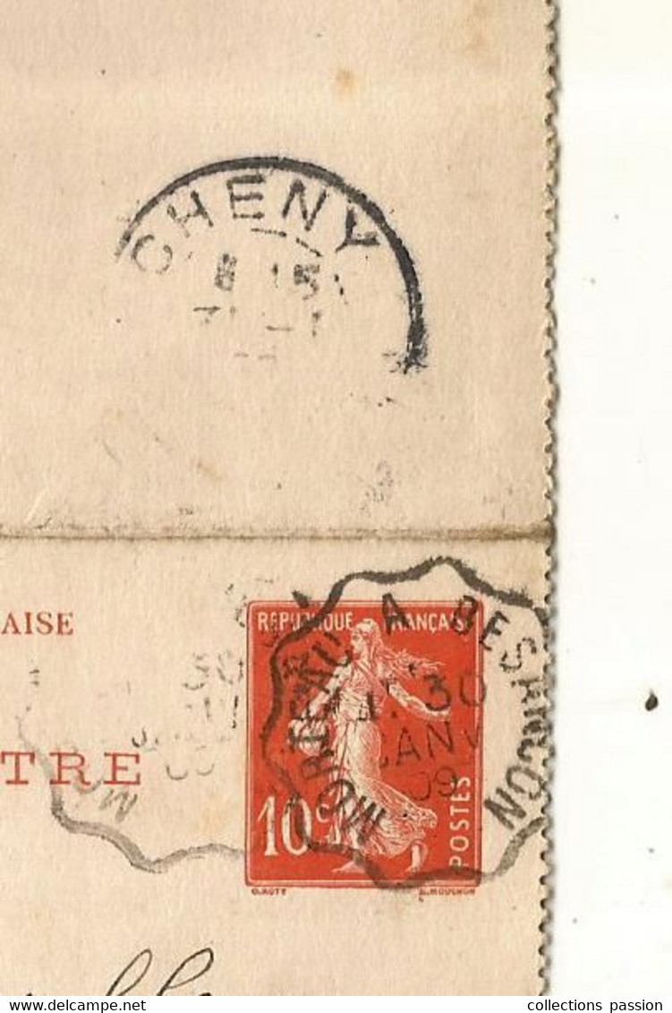 CARTE-LETTRE, Entier Postal, MORTEAU A BESANCON ,1909 ,CHENY, 2 Scans - Kartenbriefe