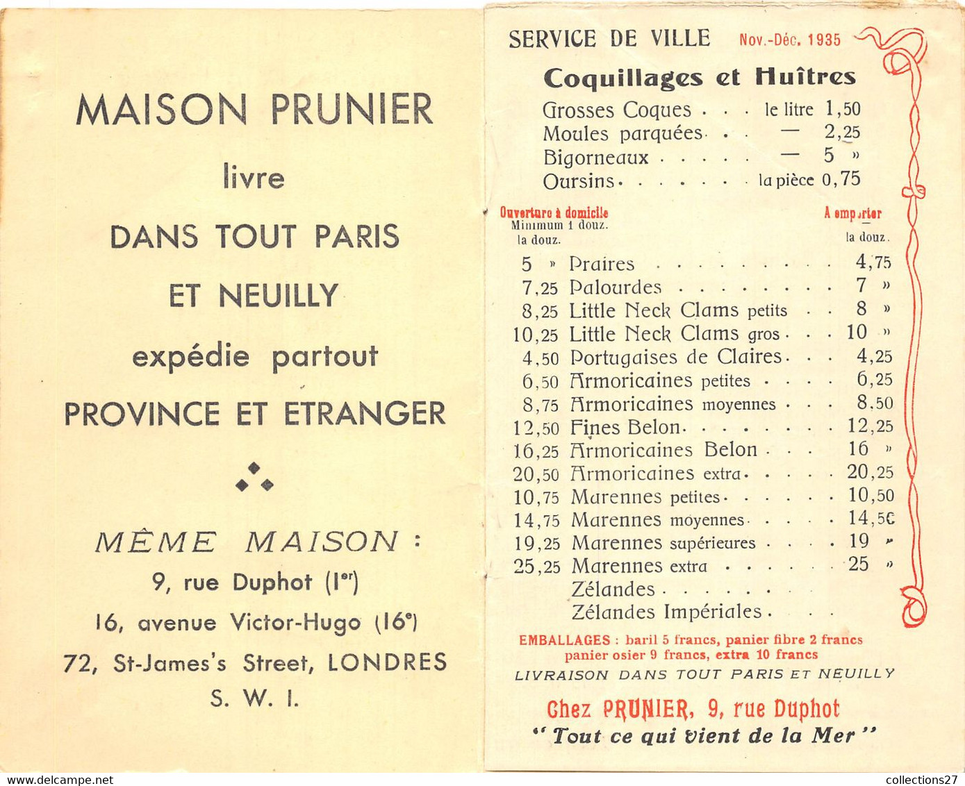 PARIS-75001-MAISON PRUNIER- RESTAURANT COQUILLAGES ET HUÎTRES-CARNET CARTE POSTALE - Pubs, Hotels, Restaurants