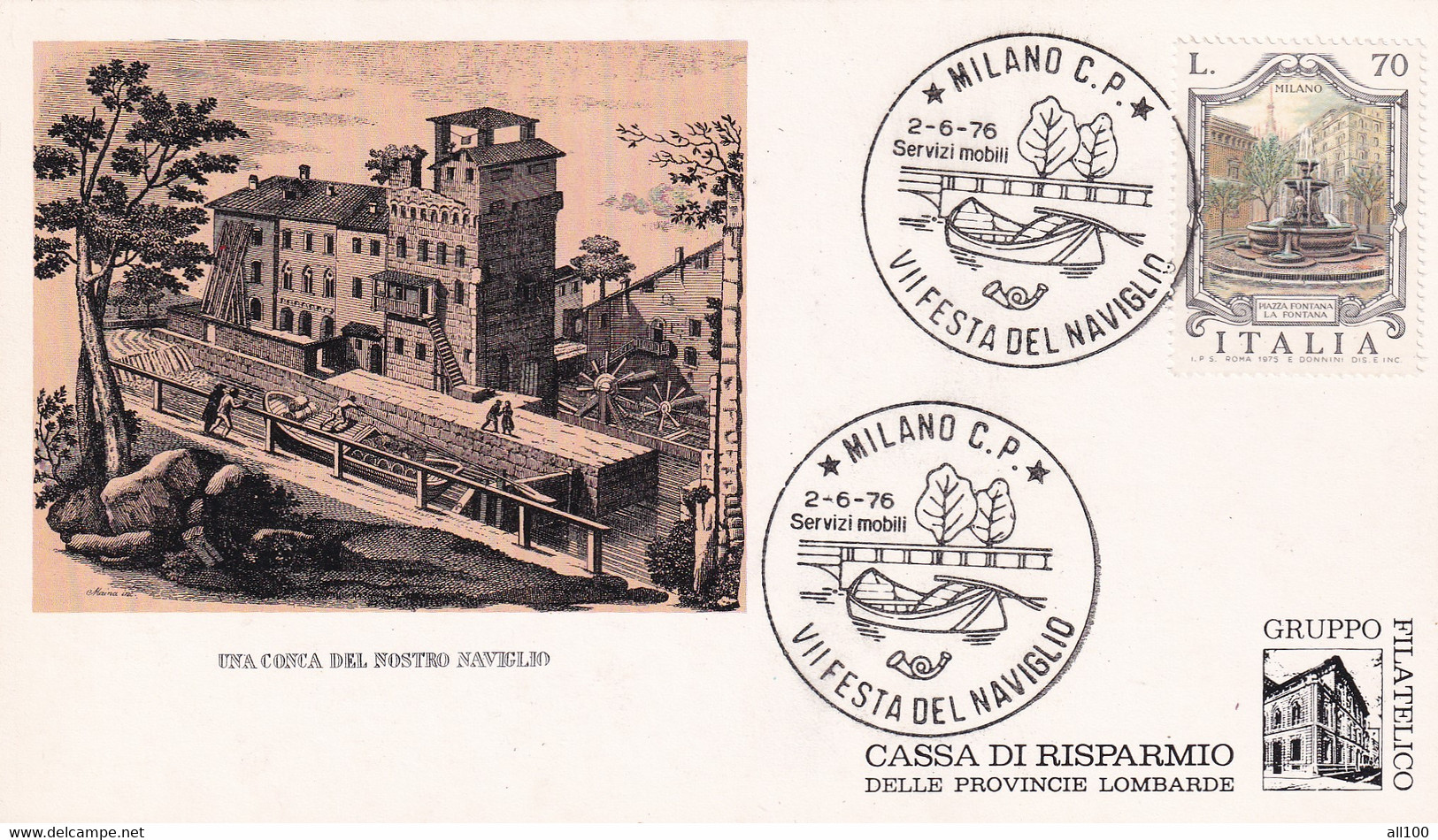 A20699 - MILANO VII FESTA DEL NAVIGLIO 1976 PHILATELIC CARD STAMP PIAZZA FONTANA LA FONTANA 70 ITALIA CASSA DI RISPARMIO - Tarjetas Filatélicas