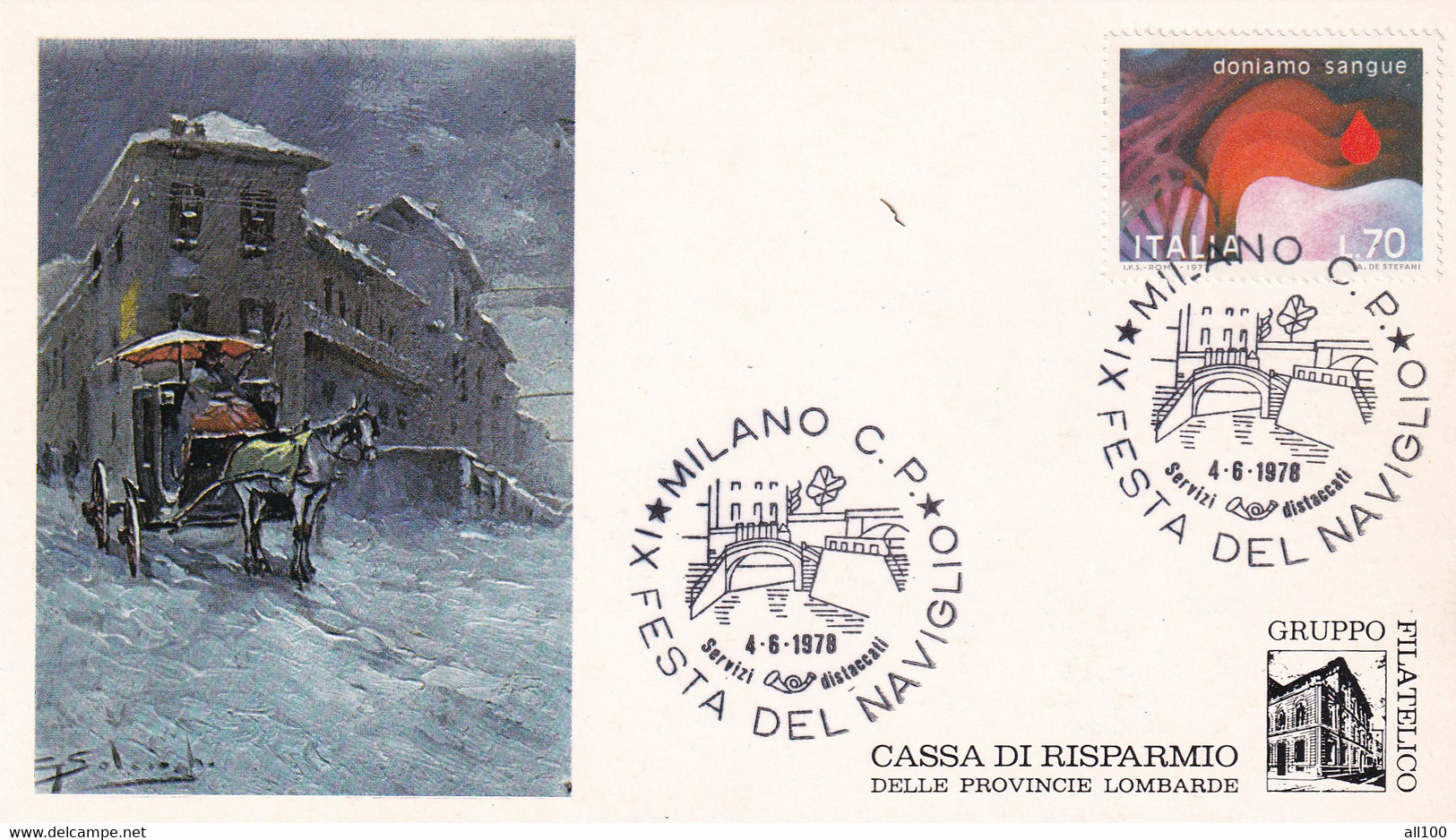 A20701 - MILANO IX FESTA DEL NAVIGLIO 1978 PHILATELIC CARD STAMP DONIAMO SANGUE ITALIA CASSA DI RISPARMIO - Cartes Philatéliques