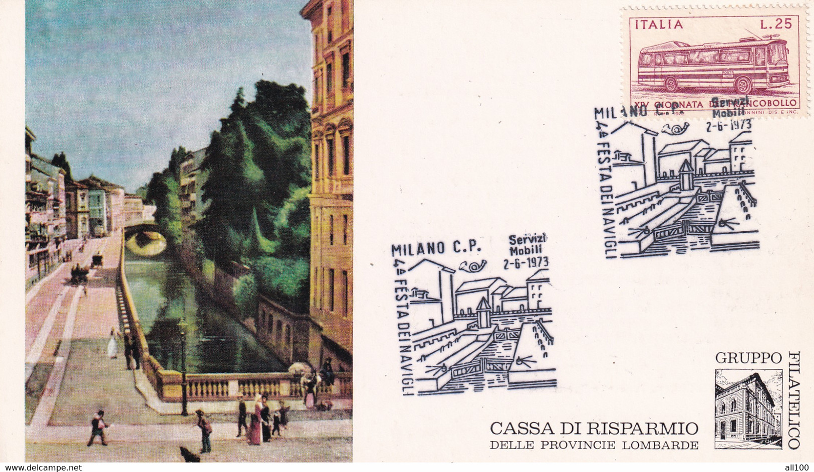 A20703 -MILANO FESTA DEI NAVIGLI 1973 PHILATELIC CARD STAMP GIORNATA DE FRANCOBOLLO VINTAGE BUS ITALY CASSA DI RISPARMIO - Filatelistische Kaarten