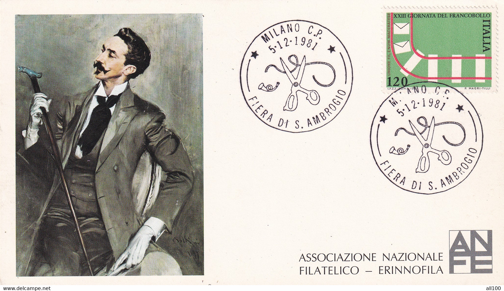 A20704 -MILANO FIERA DI S AMBROGIO 1981 PHILATELIC CARD STAMP GIORNATA DE FRANCOBOLLO ITALIA ASSOCIAZIONE NAZIONALE - Philatelistische Karten