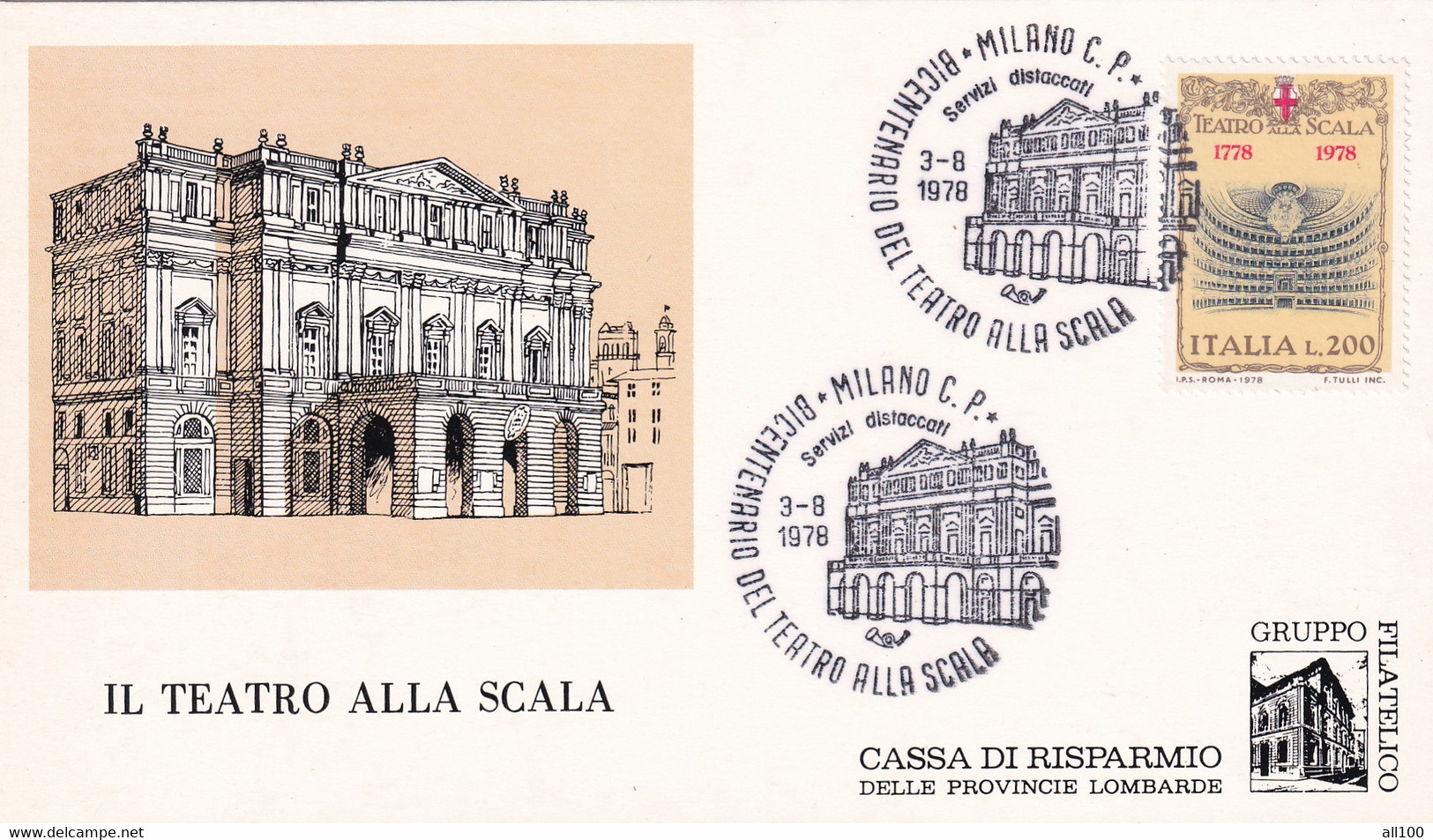 A20705 -MILANO BICENTENARIO DEL TEATRO ALLA SCALA 1978 PHILATELIC CARD STAMP TEATRO ALLA SCALA ITALIA CASSA DI RISPARMIO - Cartes Philatéliques