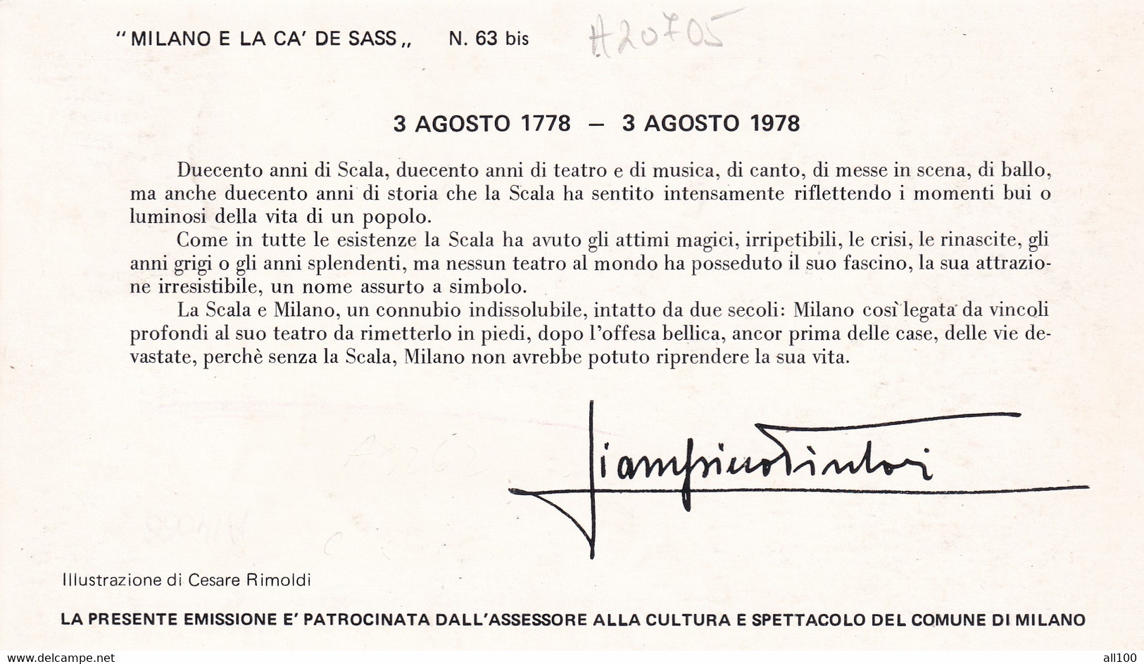 A20705 -MILANO BICENTENARIO DEL TEATRO ALLA SCALA 1978 PHILATELIC CARD STAMP TEATRO ALLA SCALA ITALIA CASSA DI RISPARMIO - Tessere Filateliche