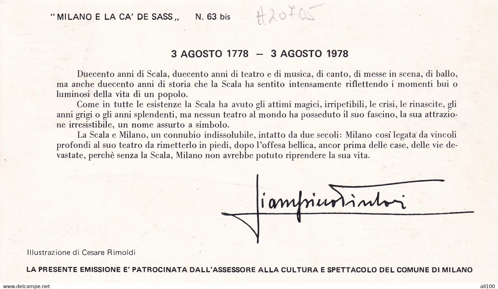 A20705 -MILANO BICENTENARIO DEL TEATRO ALLA SCALA 1978 PHILATELIC CARD STAMP TEATRO ALLA SCALA ITALIA CASSA DI RISPARMIO - Tarjetas Filatélicas