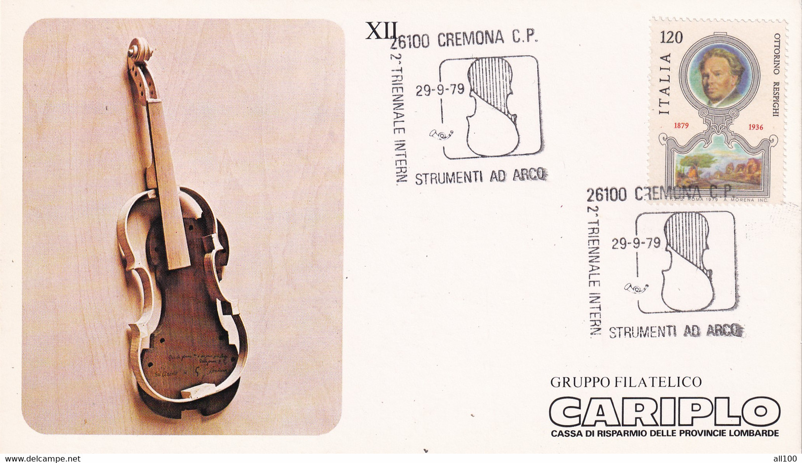 A20710 - CREMONA TRIENNALE INTERN STRUMENTI AD ARCO 1979 PHILATELIC CARD STAMP OTTORINO RESPIGHI ITALIA CARIPLO - Filatelistische Kaarten