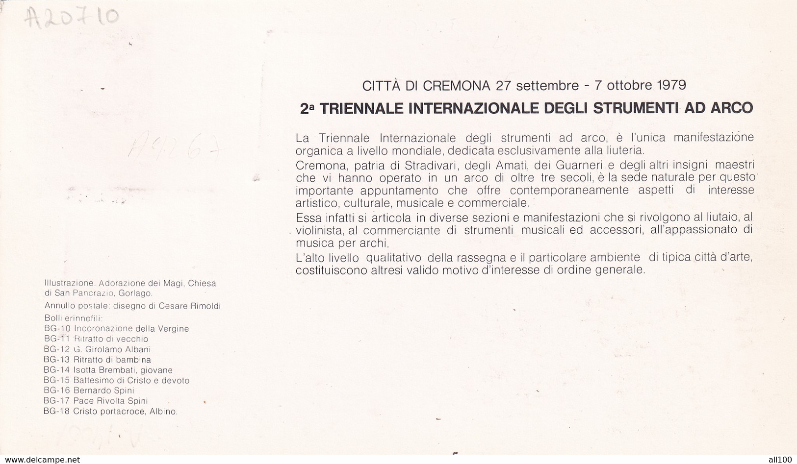 A20710 - CREMONA TRIENNALE INTERN STRUMENTI AD ARCO 1979 PHILATELIC CARD STAMP OTTORINO RESPIGHI ITALIA CARIPLO - Tessere Filateliche