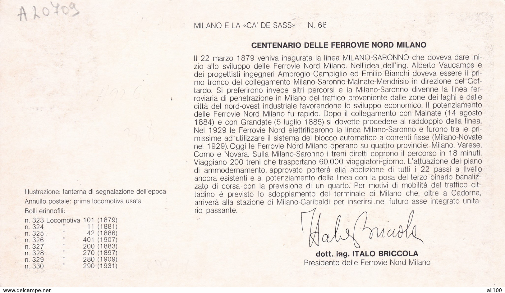 A20709 - MILANO CENTENARIO LINEA MILANO SARONNO 1979 PHILATELIC CARD STAMP NATALE ITALIA CASSA DI RISPARMIO TRAIN - Cartes Philatéliques