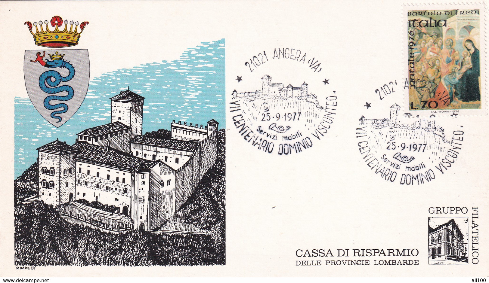 A20712 - ANGERA ANGERAVA VII CENTENARIO DOMINIO VISCONTEO 1977 PHILATELIC CARD STAMP BARTOLO DI FREDI NATALE ITALIA - Tessere Filateliche