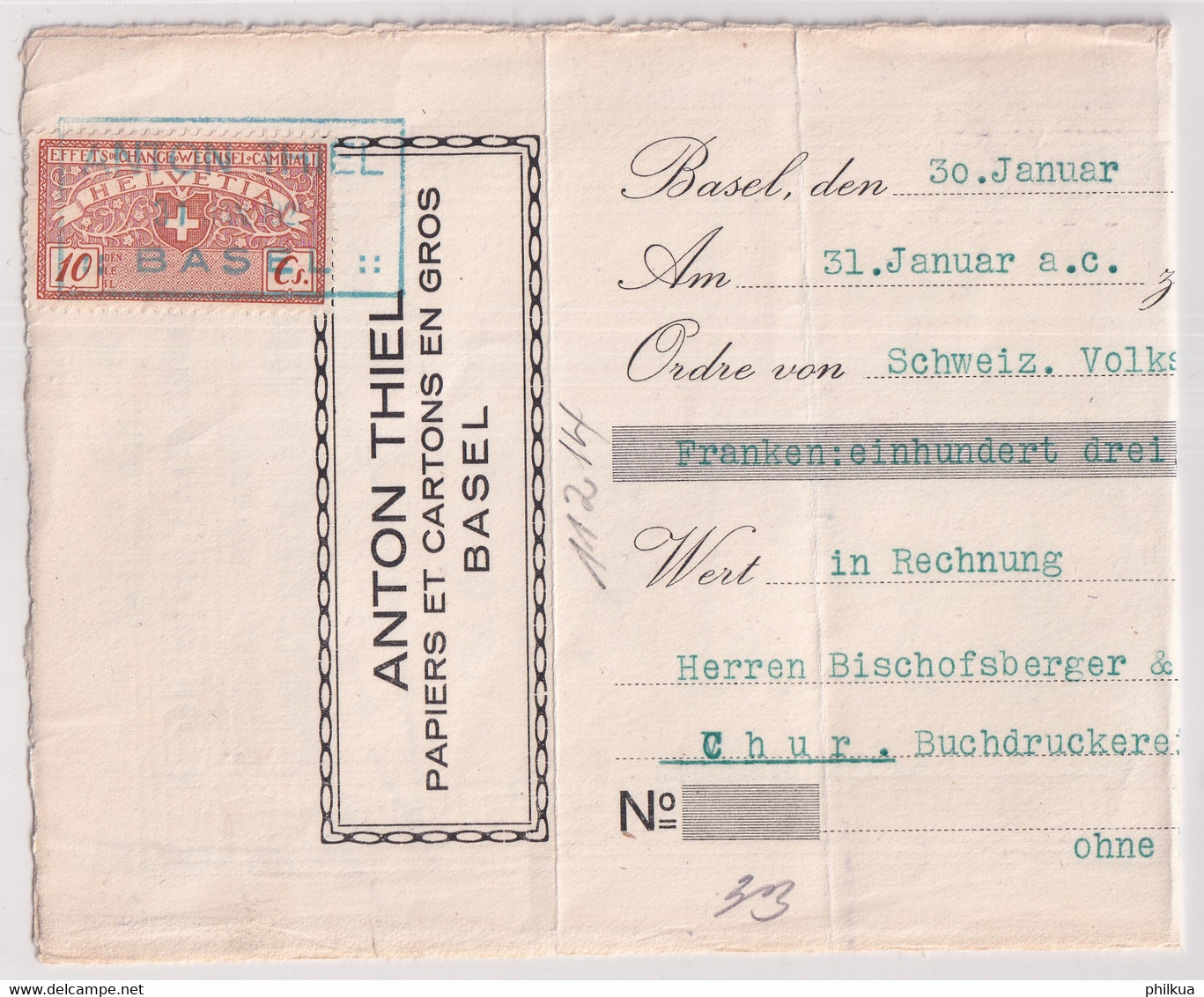 Wechsel Mit 10 Rp. Wecĥsel Gebührenmarke - Anton Thiel Papiers Et Cartons En Gros Basel - Revenue Stamps