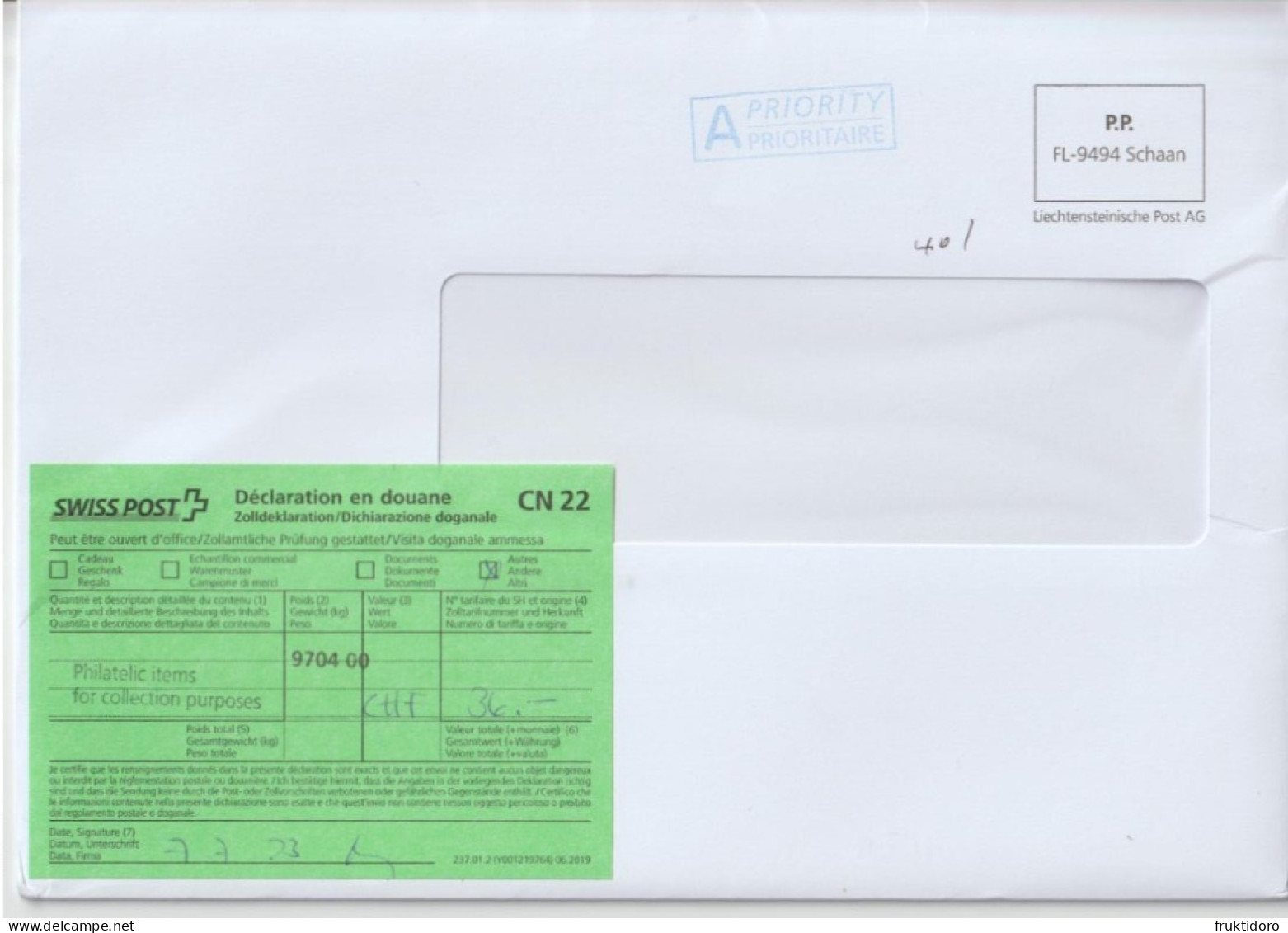 Liechtenstein Envelopes Port Payé - Liechtensteinische Post AG - Customs Declaration 2023 - Sammlungen