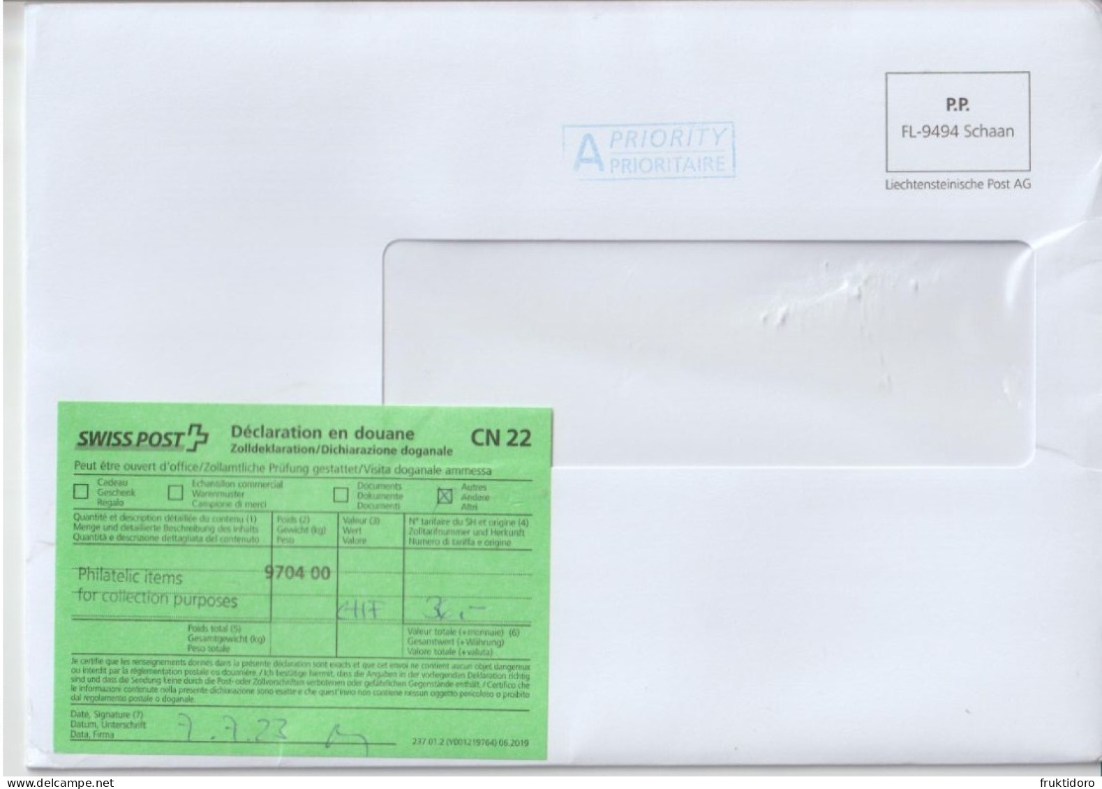 Liechtenstein Envelopes Port Payé - Liechtensteinische Post AG - Customs Declaration 2023 - Collections