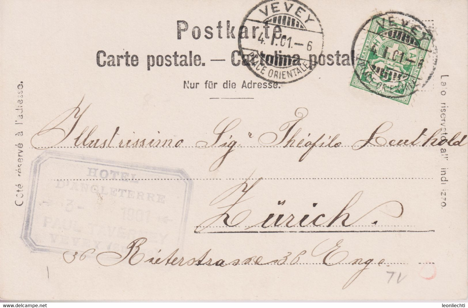 AK: Postkarte. 1901 Hotel D`Angleterre, Mi: 53y / ZNr: 65B, Ziffermuster. Hotel De La Gare ( Spiess Münchner Bräu ) - Alberghi & Ristoranti