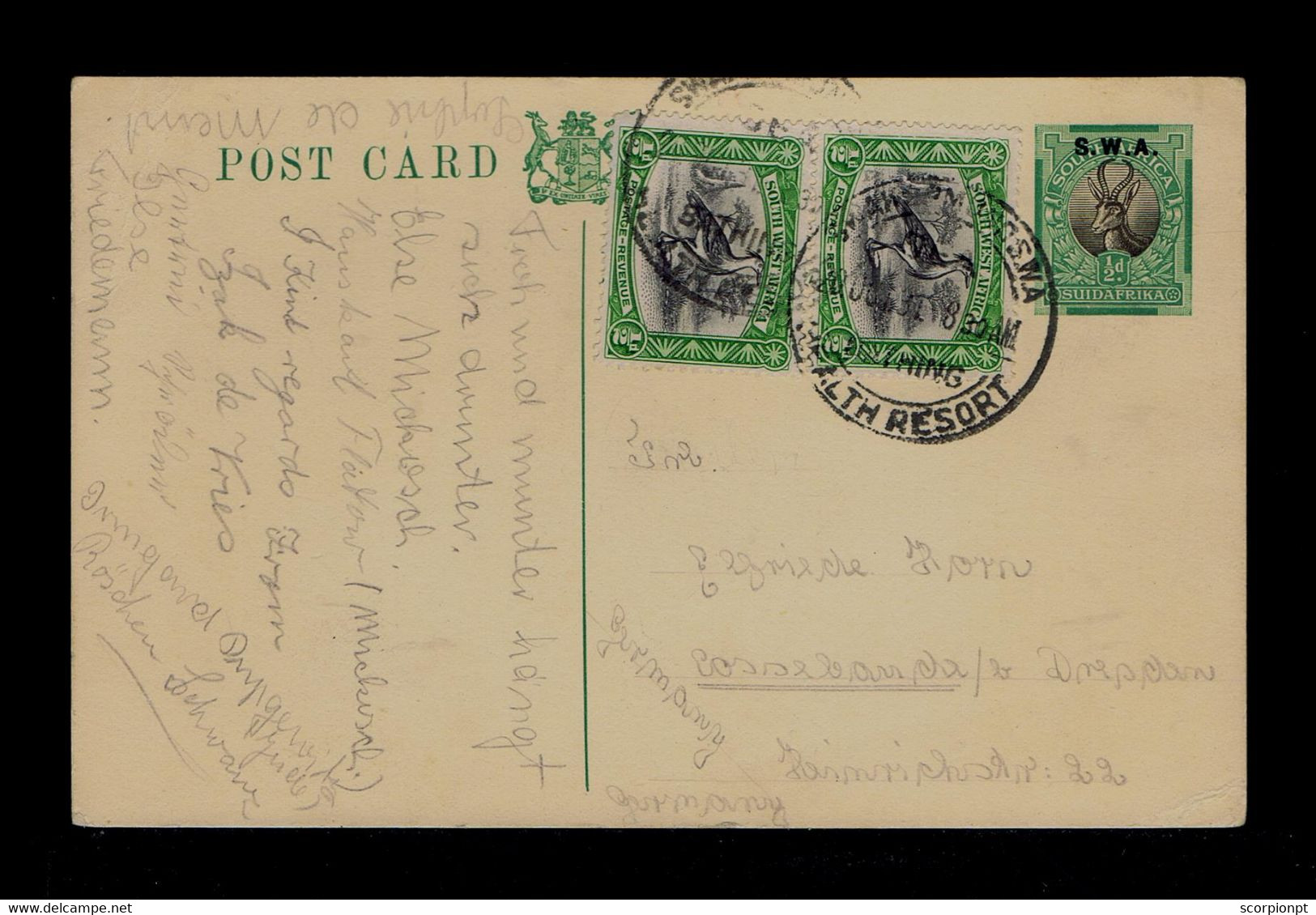 Sp9286 S.W.A.on "SUID AFRICA Overprint Postal Stationery" Faune Birds Oiseaux Animals (bathing Health Resort) Pmk Mailed - Bäderwesen