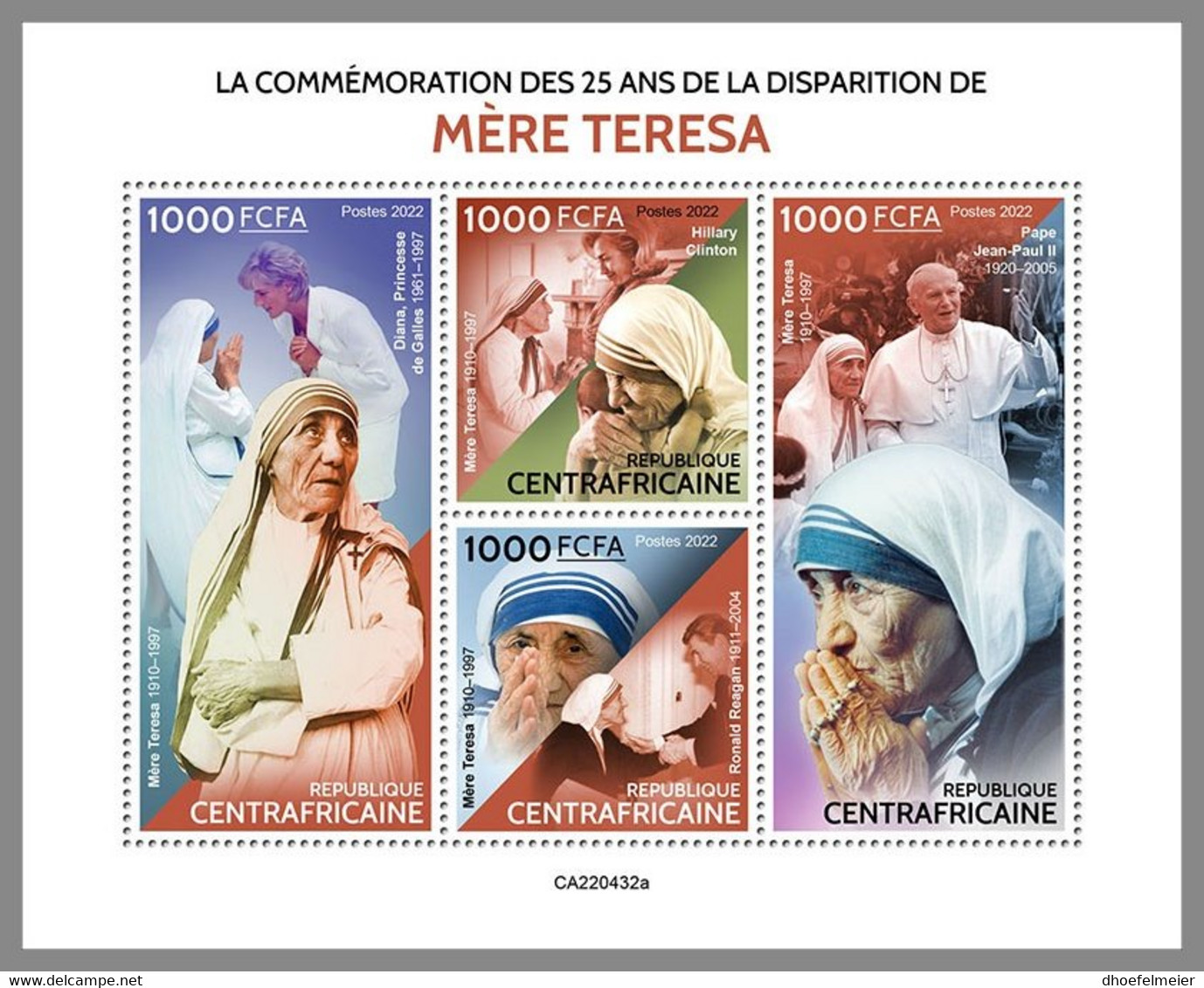 CENTRALAFRICA 2022 MNH Mother Teresa Mutter Teresa Mere Teresa M/S - OFFICIAL ISSUE - DHQ2243 - Madre Teresa