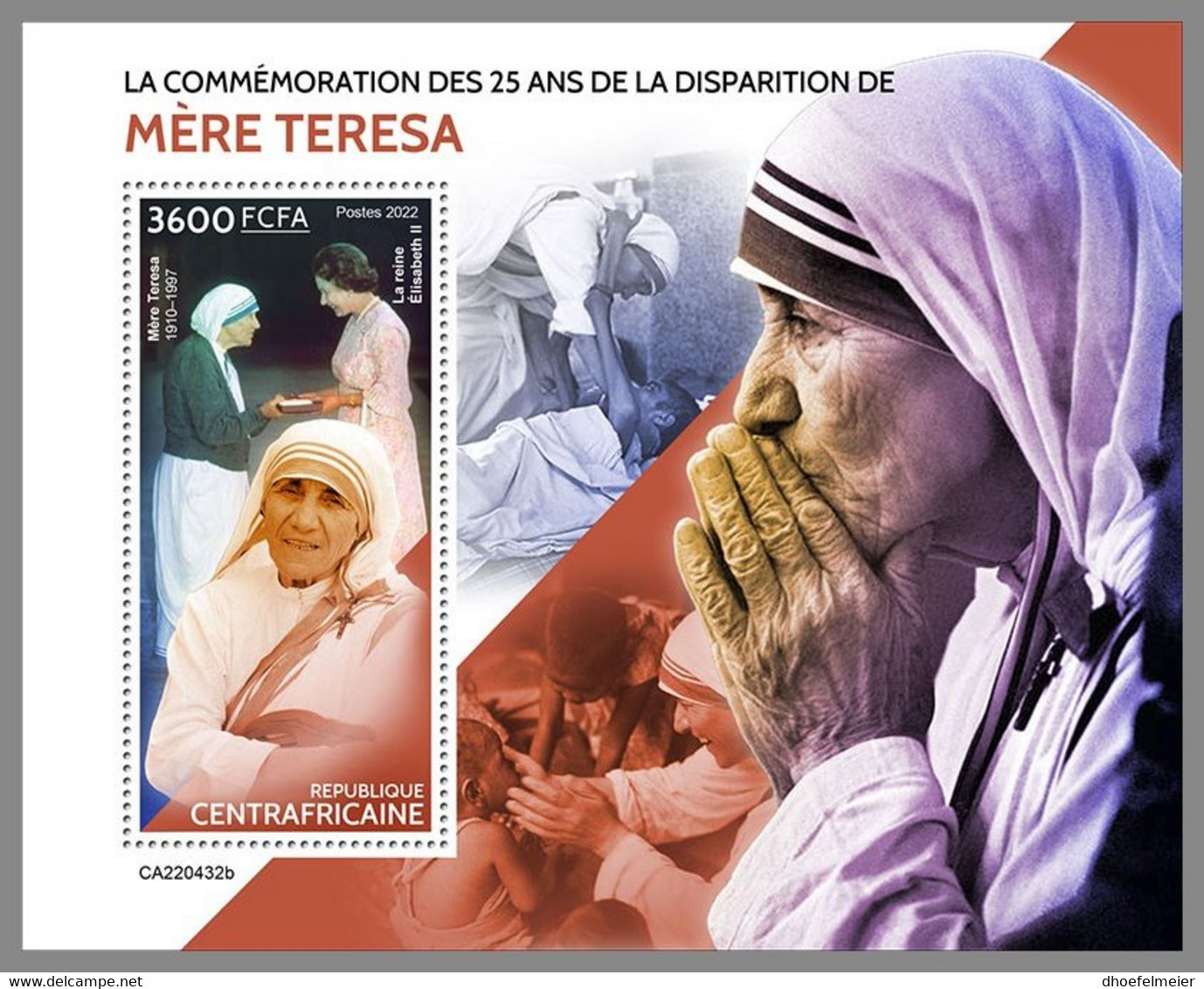 CENTRALAFRICA 2022 MNH Mother Teresa Mutter Teresa Mere Teresa S/S - OFFICIAL ISSUE - DHQ2243 - Madre Teresa