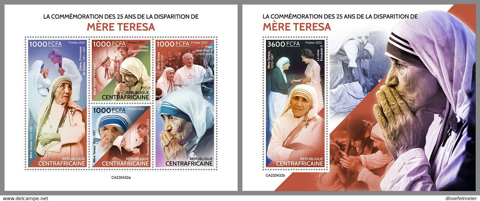 CENTRALAFRICA 2022 MNH Mother Teresa Mutter Teresa Mere Teresa M/S+S/S - OFFICIAL ISSUE - DHQ2243 - Moeder Teresa