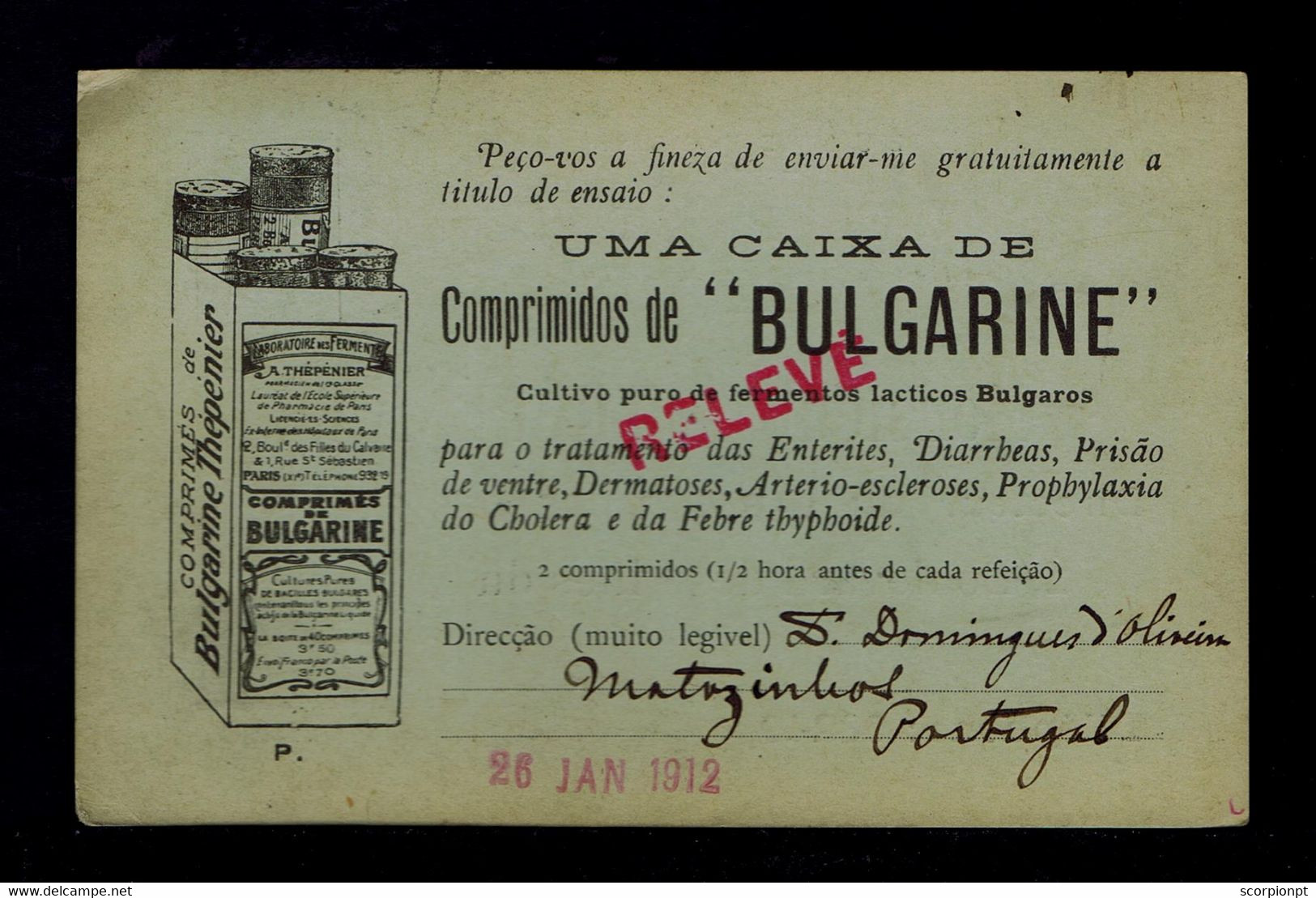 Sp9289 PORTUGAL "Laboratoire Des Ferments" Mailed 1912 Santé Health Matosinhos»Paris Overprint REPUBLICA - Drugs