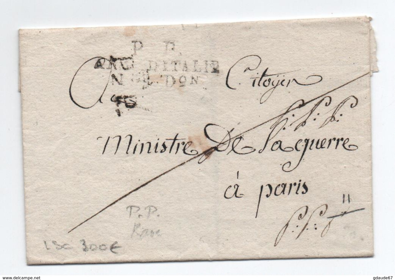 ARMEE D'ITALIE - LETTRE Avec MP PORT PAYE ARMEE D'ITALIE PP Pour MINISTRE DE LA GUERRE à PARIS - Army Postmarks (before 1900)