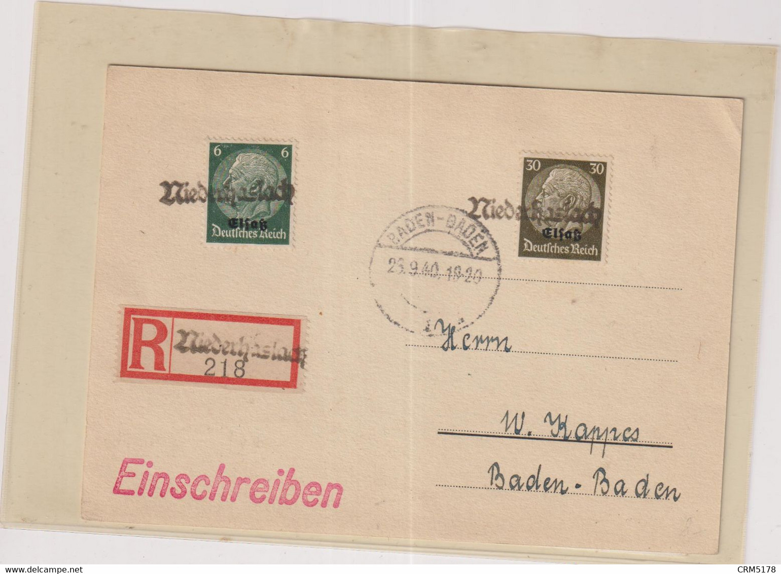 FRANCE-ALSACE-LORRAINE--TP N°11-18- S. CP En Recommandé -OB -MIEDERHASLACH POUR BADEN-BADEN-  1940 - Used Stamps