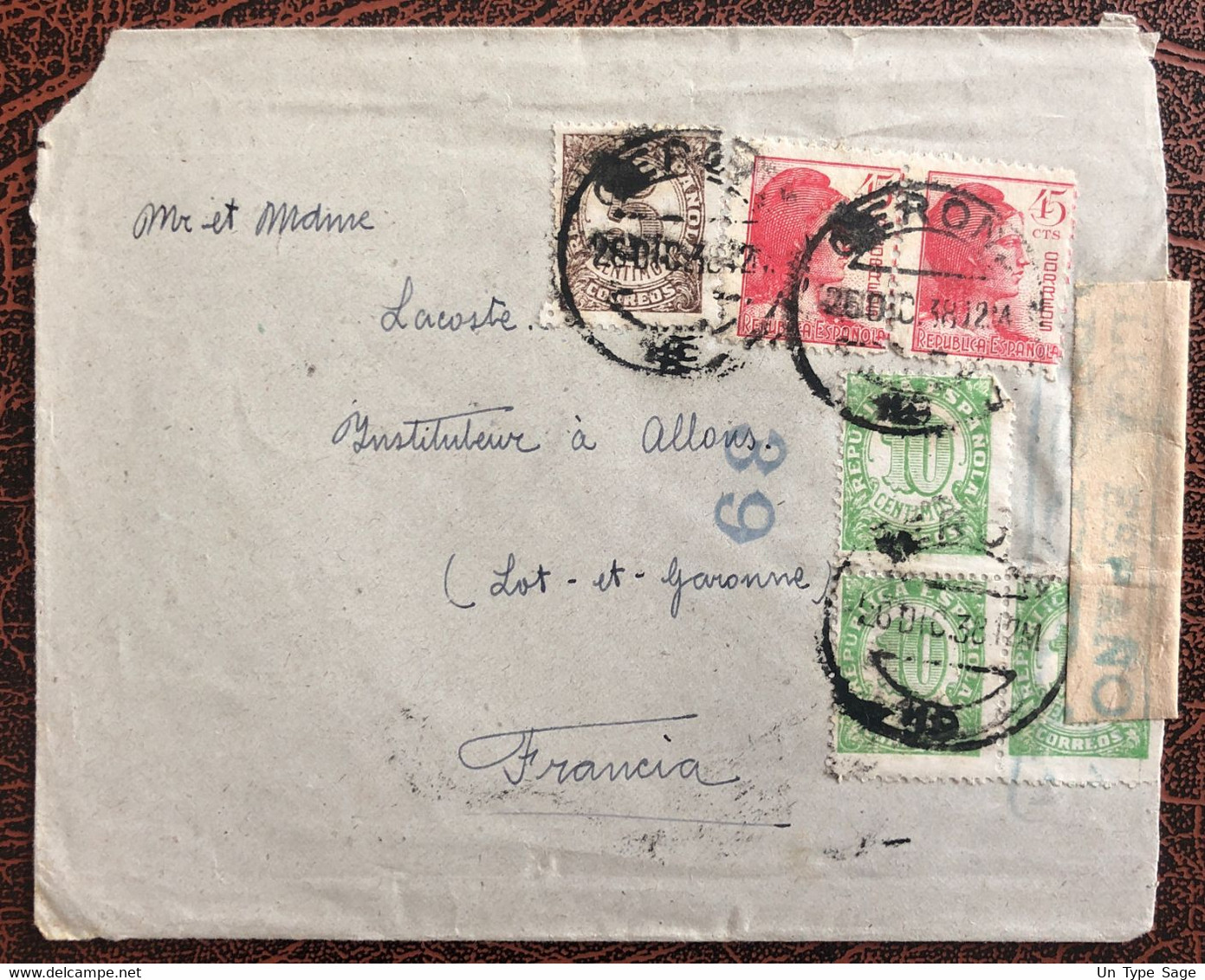 Espagne, Divers Sur Enveloppe Censurée - Gerona 1938 - (B4003) - Brieven En Documenten