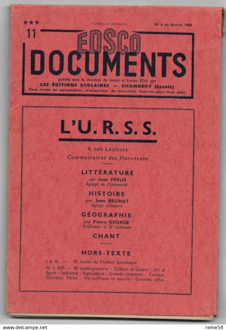 EDSCO DOCUMENTS- L'U.R.S.S. N° 6 De Février 1954- Pochette N°11 - -support Enseignants- Les Editions Scolaires - Fiches Didactiques