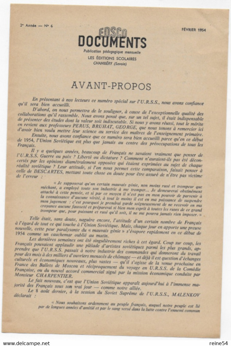 EDSCO DOCUMENTS- L'U.R.S.S. N° 6 De Février 1954- Pochette N°11 - -support Enseignants- Les Editions Scolaires - Fiches Didactiques