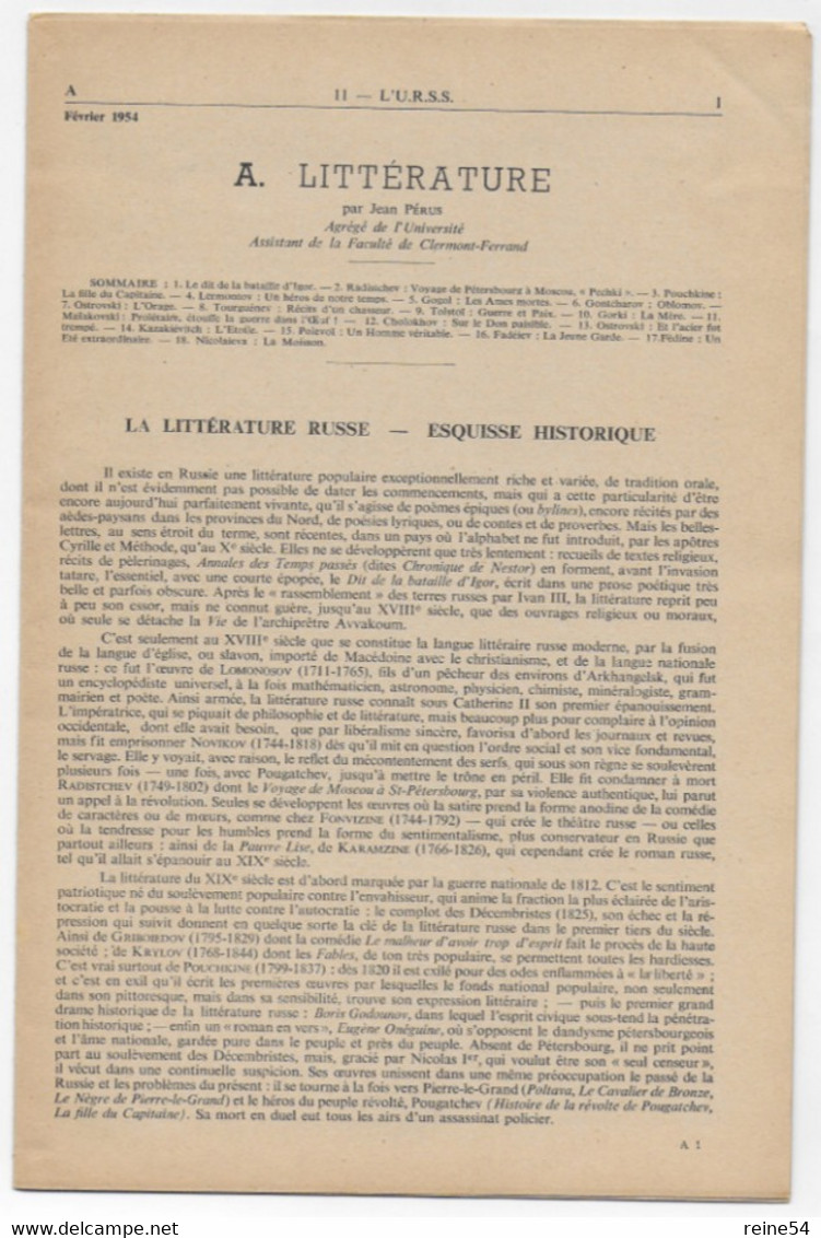 EDSCO DOCUMENTS- L'U.R.S.S. N° 6 De Février 1954- Pochette N°11 - -support Enseignants- Les Editions Scolaires - Learning Cards