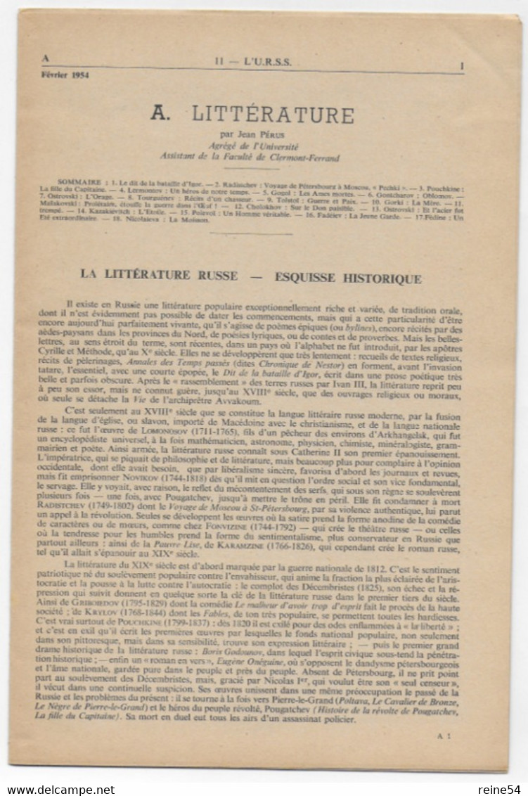 EDSCO DOCUMENTS- L'U.R.S.S. N° 6 De Février 1954- Pochette N°11 - -support Enseignants- Les Editions Scolaires - Fiches Didactiques