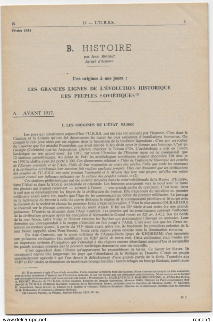 EDSCO DOCUMENTS- L'U.R.S.S. N° 6 De Février 1954- Pochette N°11 - -support Enseignants- Les Editions Scolaires - Fiches Didactiques