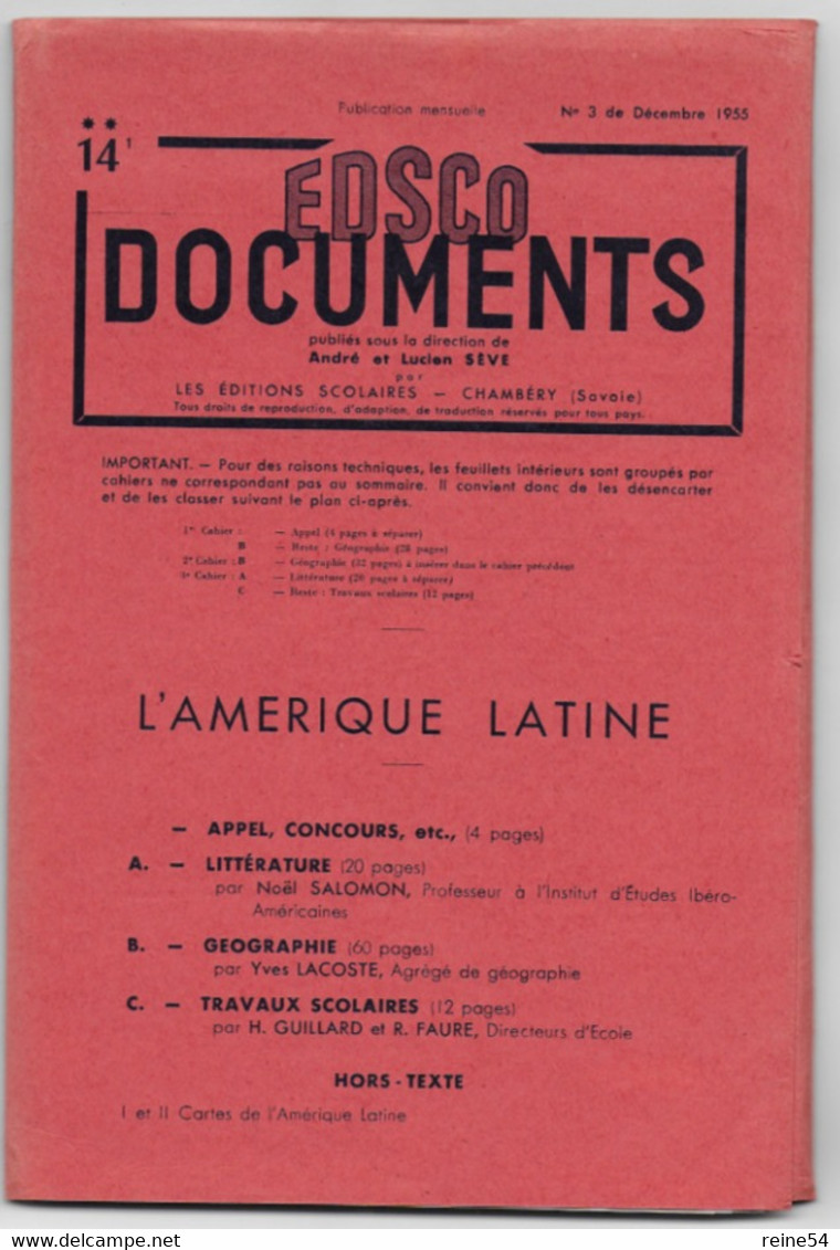 EDSCO DOCUMENTS- * L'AMERIQUE LATINE. N°  De Décembre 1955* Pochette N°14 --support Enseignants-Les Editions Scolaires - Schede Didattiche