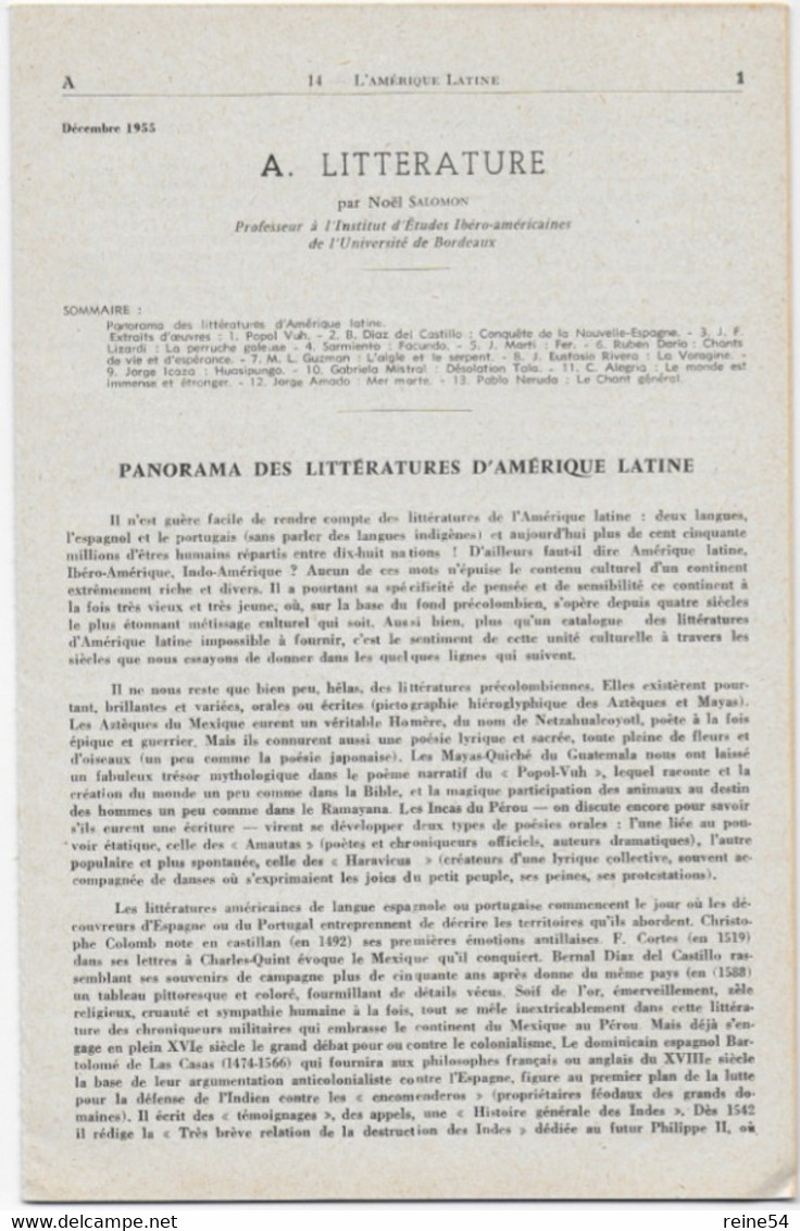 EDSCO DOCUMENTS- * L'AMERIQUE LATINE. N°  De Décembre 1955* Pochette N°14 --support Enseignants-Les Editions Scolaires - Fichas Didácticas