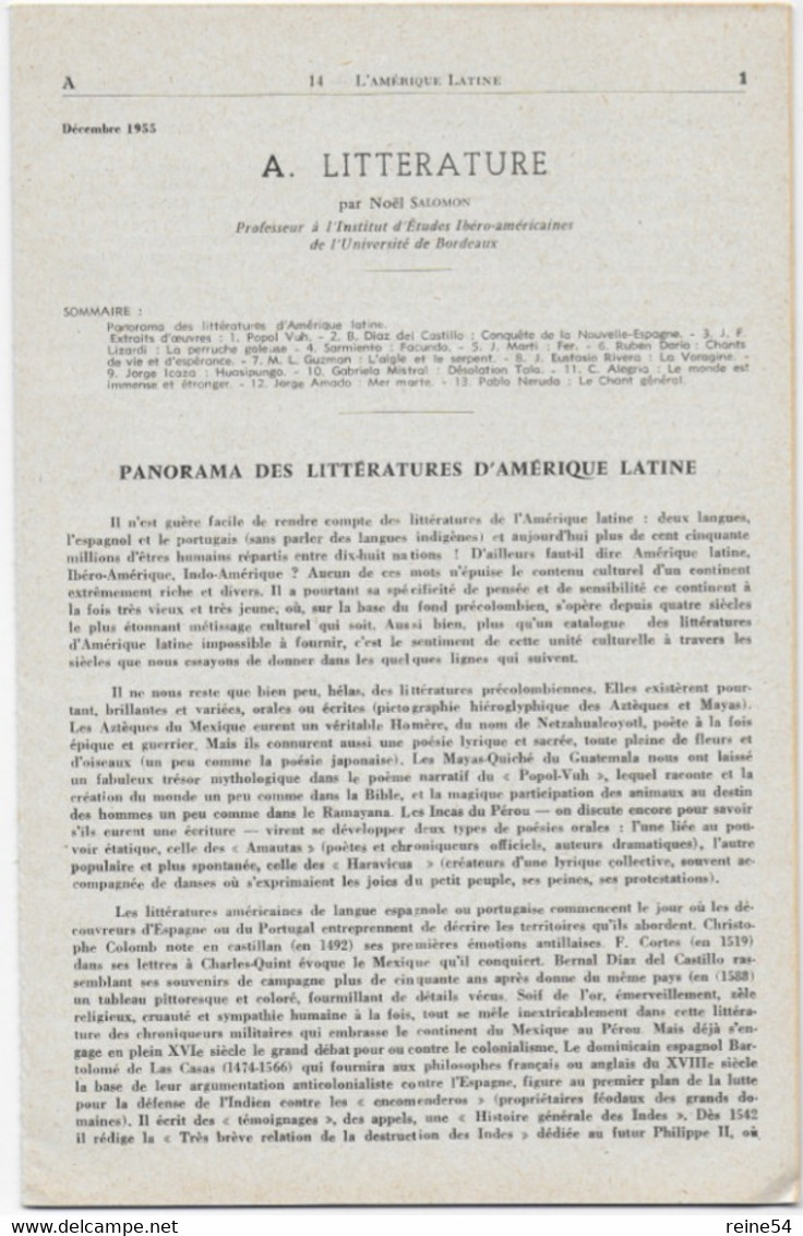 EDSCO DOCUMENTS- * L'AMERIQUE LATINE. N°  De Décembre 1955* Pochette N°14 --support Enseignants-Les Editions Scolaires - Fiches Didactiques