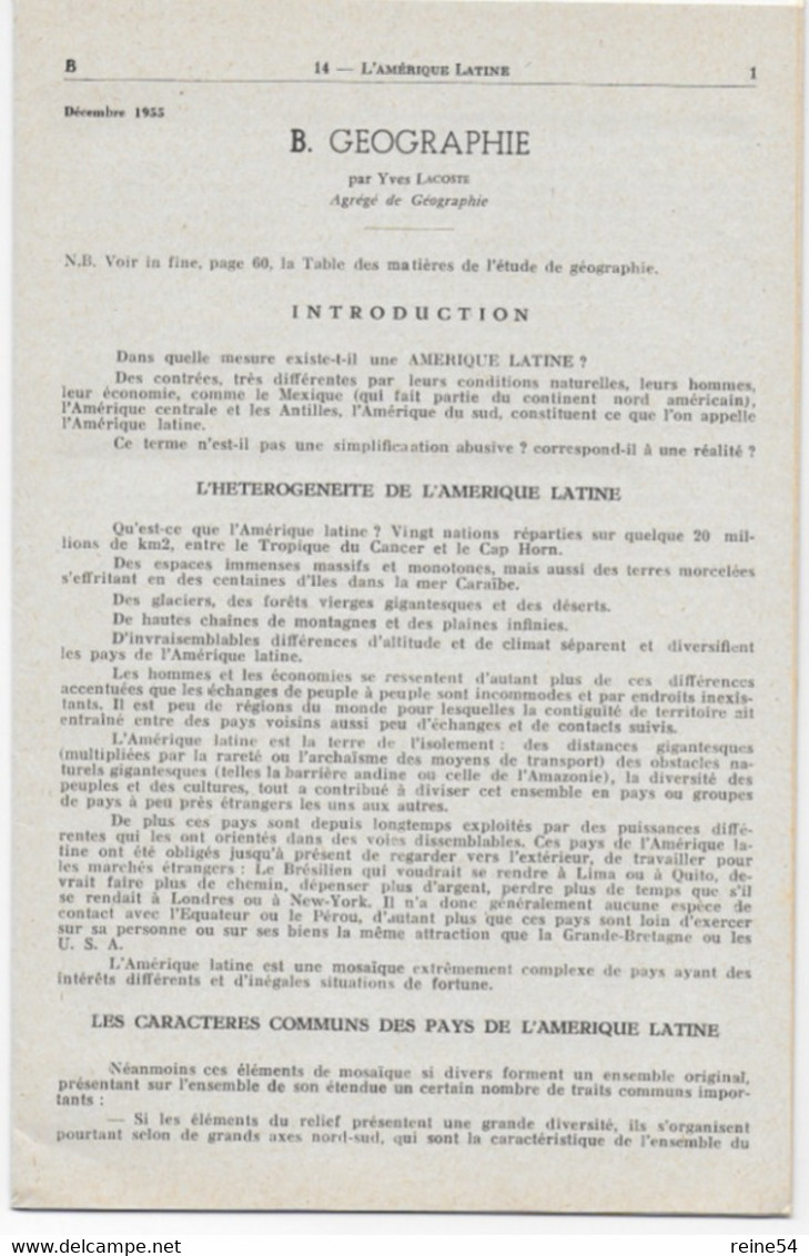 EDSCO DOCUMENTS- * L'AMERIQUE LATINE. N°  De Décembre 1955* Pochette N°14 --support Enseignants-Les Editions Scolaires - Schede Didattiche