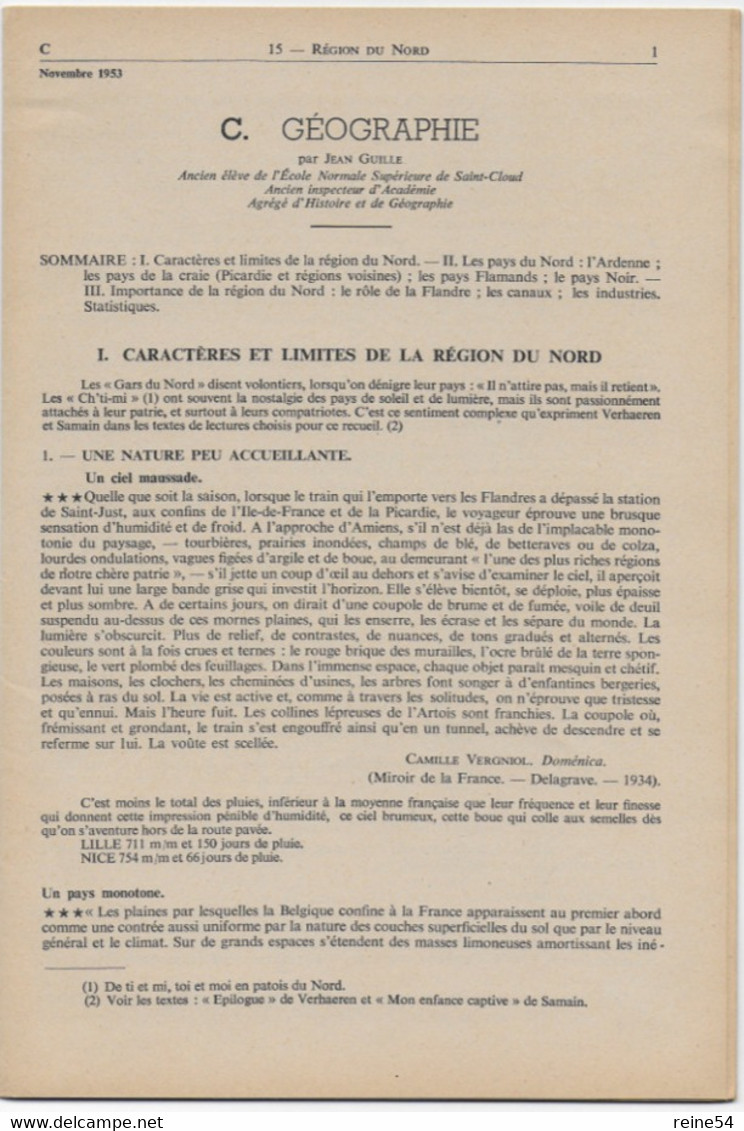 EDSCO DOCUMENTS- REGION DU NORD -France-n° 3 De Novembre 1953-Pochette N°15 -support Enseignants-Les Editions Scolaires - Didactische Kaarten