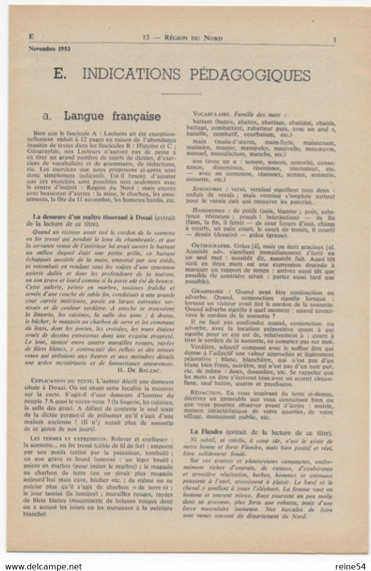 EDSCO DOCUMENTS- REGION DU NORD -France-n° 3 De Novembre 1953-Pochette N°15 -support Enseignants-Les Editions Scolaires - Learning Cards