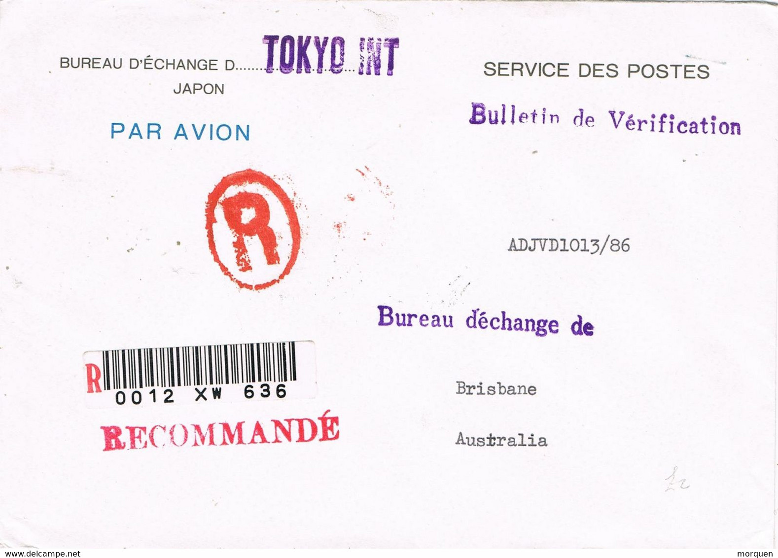 47479. Carta Aerea Certificada TOKYO (Japon) 1956. Oficial, Bureau D'Echange.  Oficina De Cambio - Storia Postale