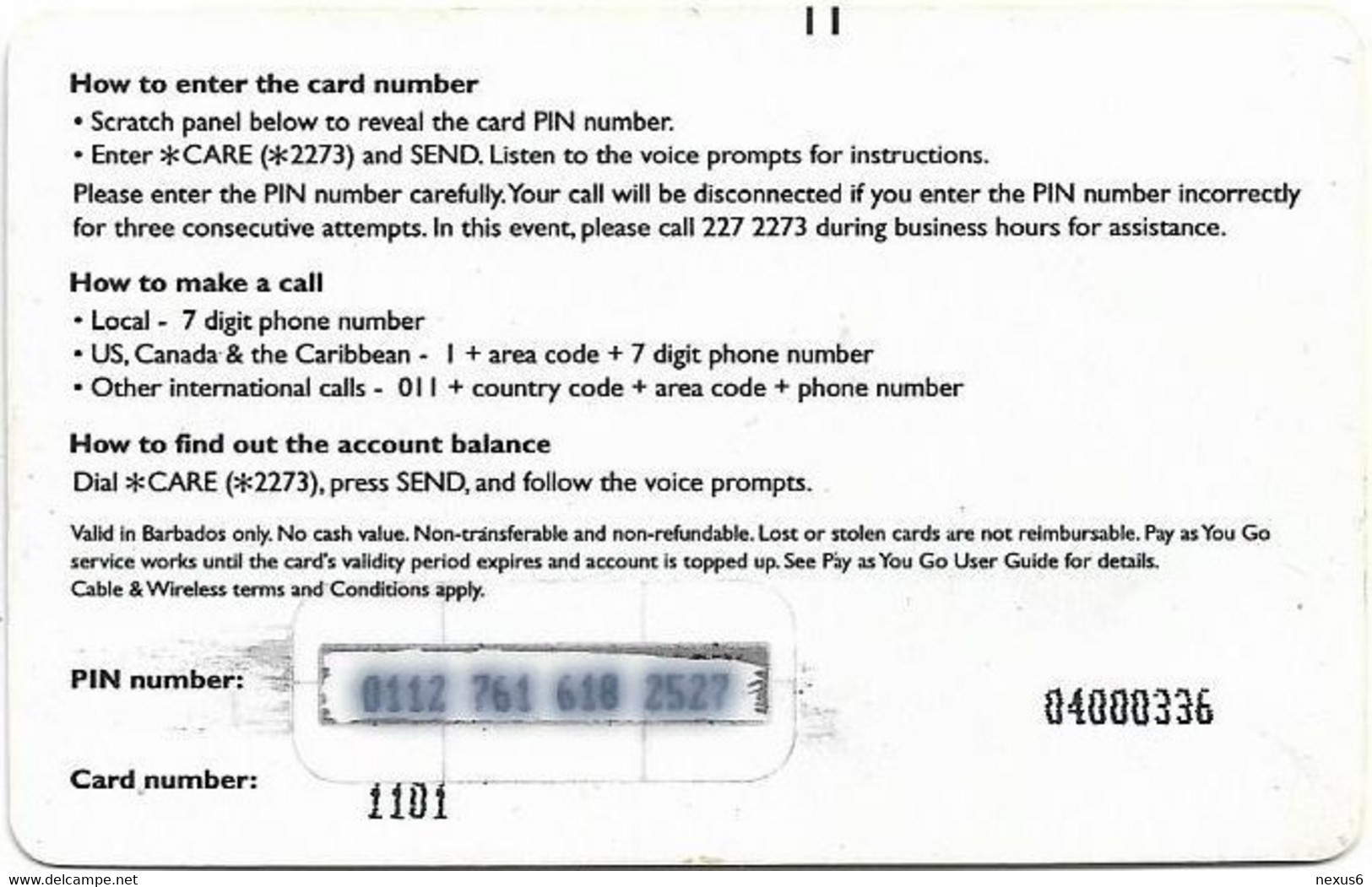 Barbados - C&W (Prepaid) - Pay As You Go (Backside #1), GSM Refill, 30EC$, Used - Barbades