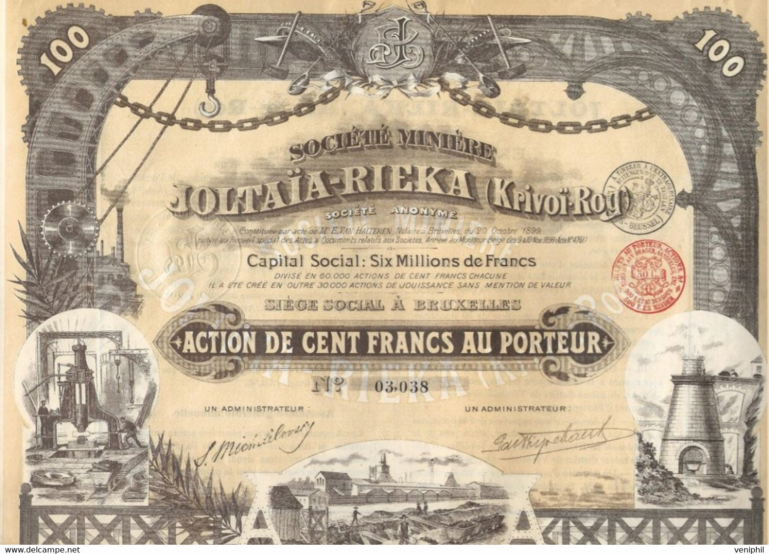 SOCIETE MINIERE JOLTAIA -( Krivoi -rog ) - ACTION DE CENT FRANCS  - ANNEE 1900 - Mijnen