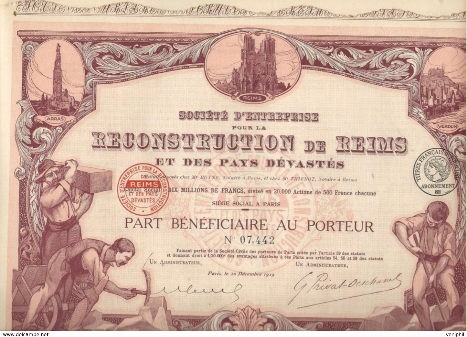 SOCIETE D'ENTREPRISE POUR LA RECONSTRUCTION DE REIMS ET DES PAYS DEVASTES -PART BENEFICIAIRE ILLUSTREE  -ANNEE 1919 - Andere & Zonder Classificatie